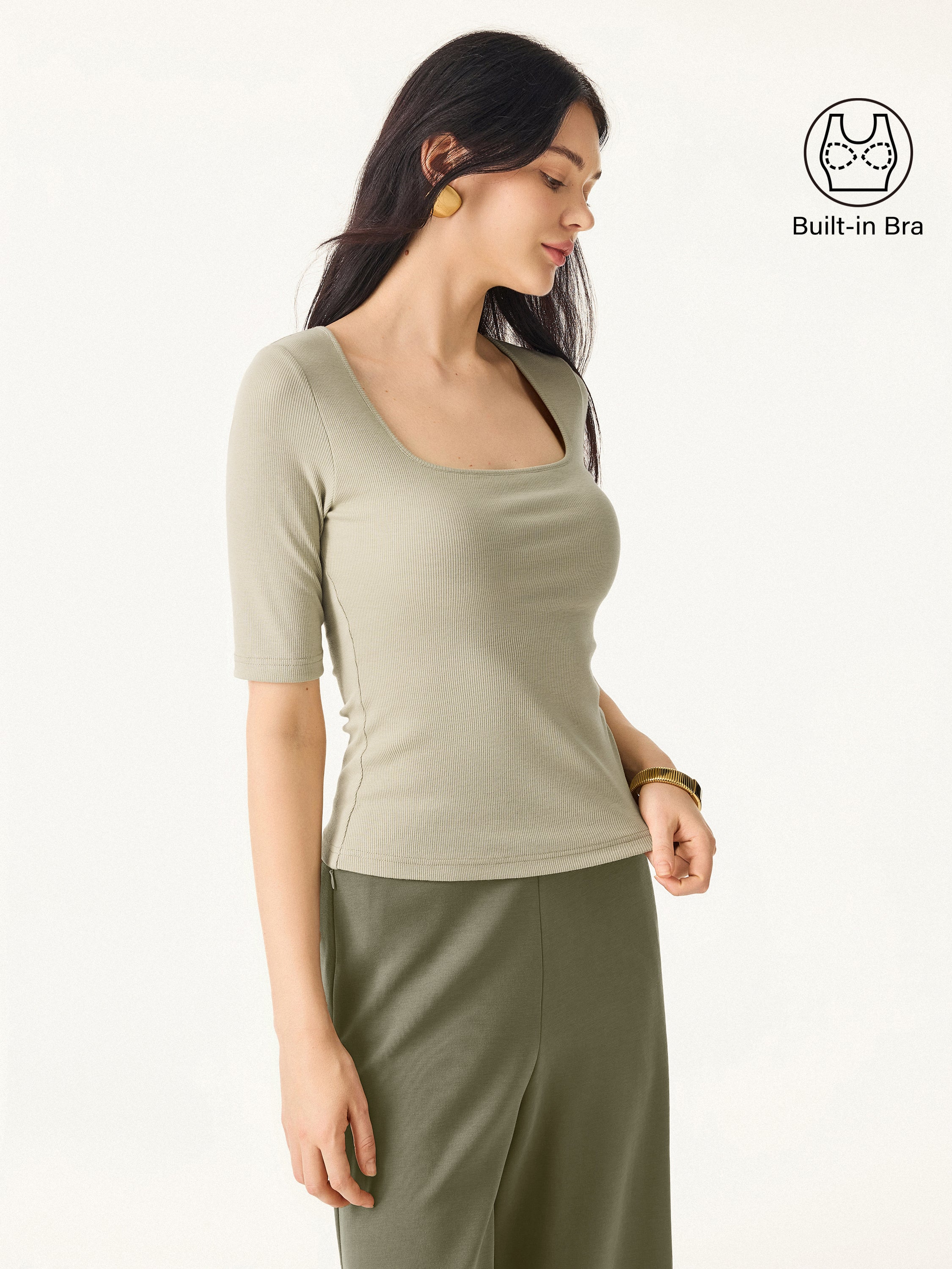 Essential Stretch Cotton Square Neck Elbow Length Sleeve Brami