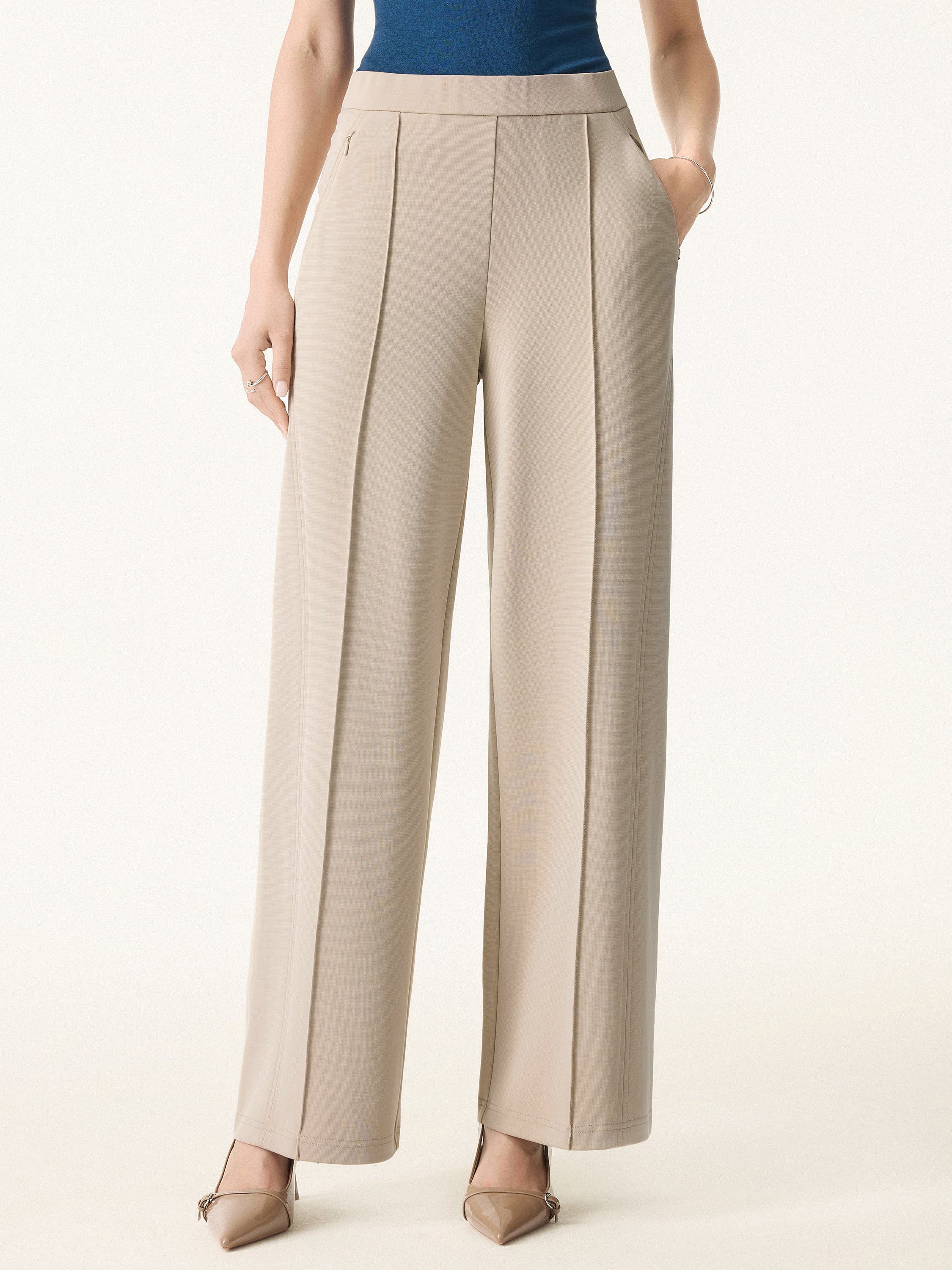Wrinkle-Resistant Mid Rise Wide Leg Pants with Pockets