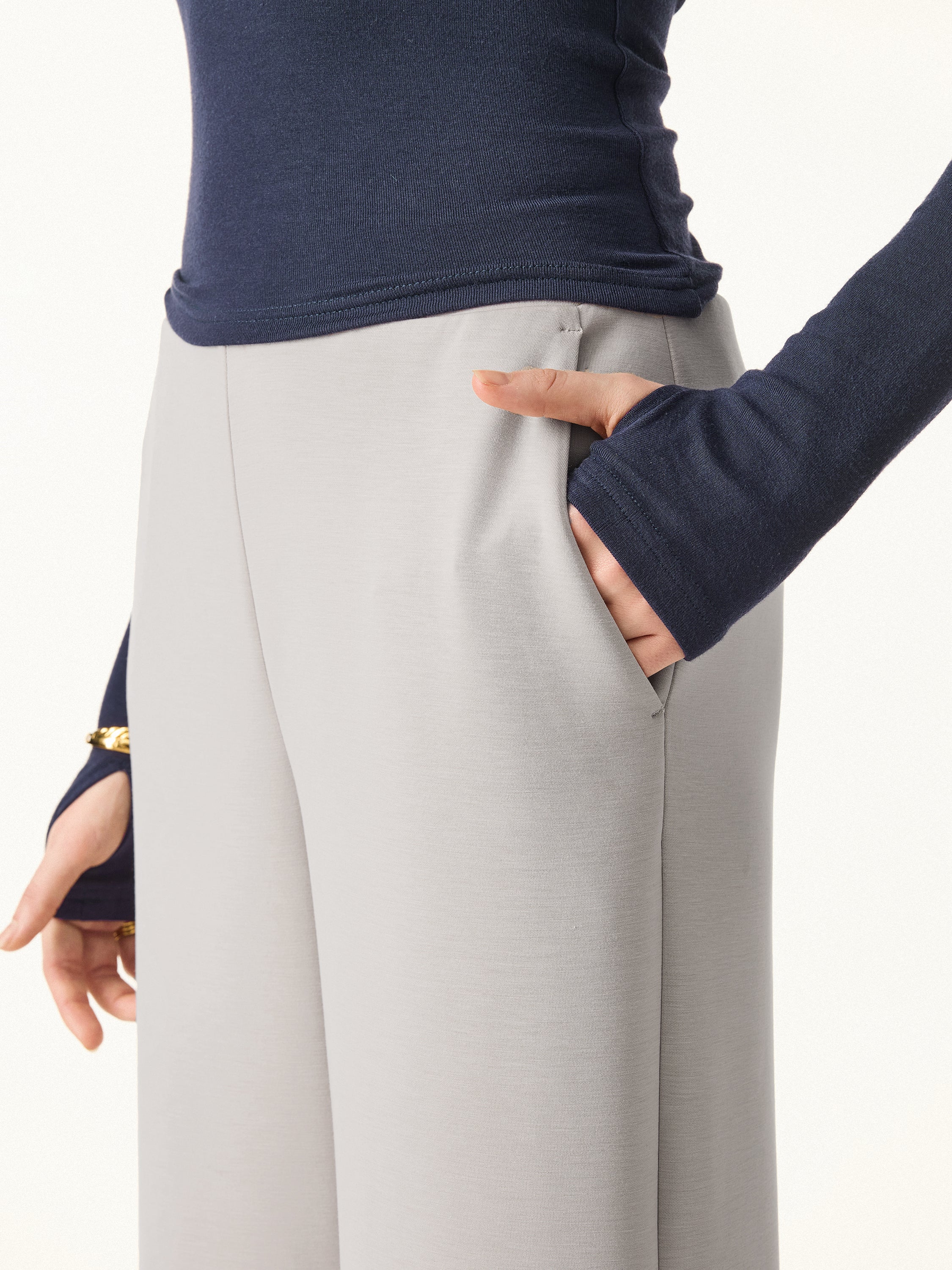 Sandwashed Spacer Mid Rise Versatile Legs Pull-on Pants with Pockets