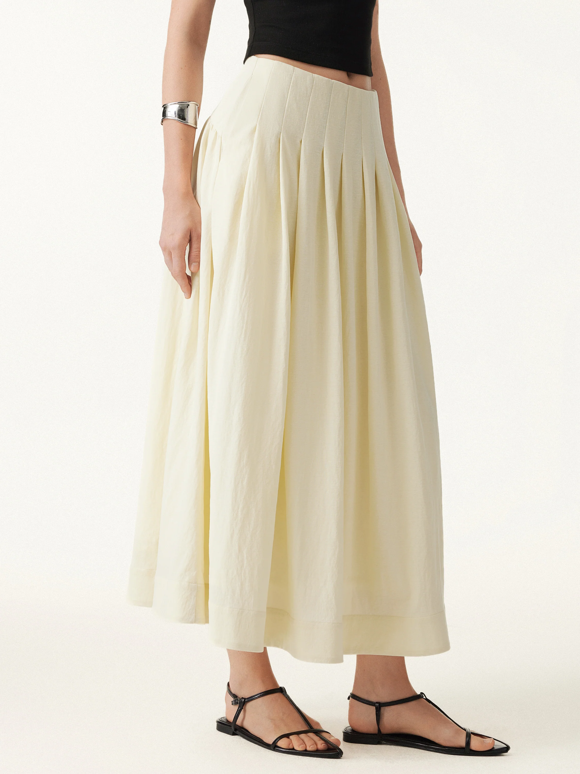 Wrinkle-resistant Cotton-linen Mid-rise Pleated Midi Skirt