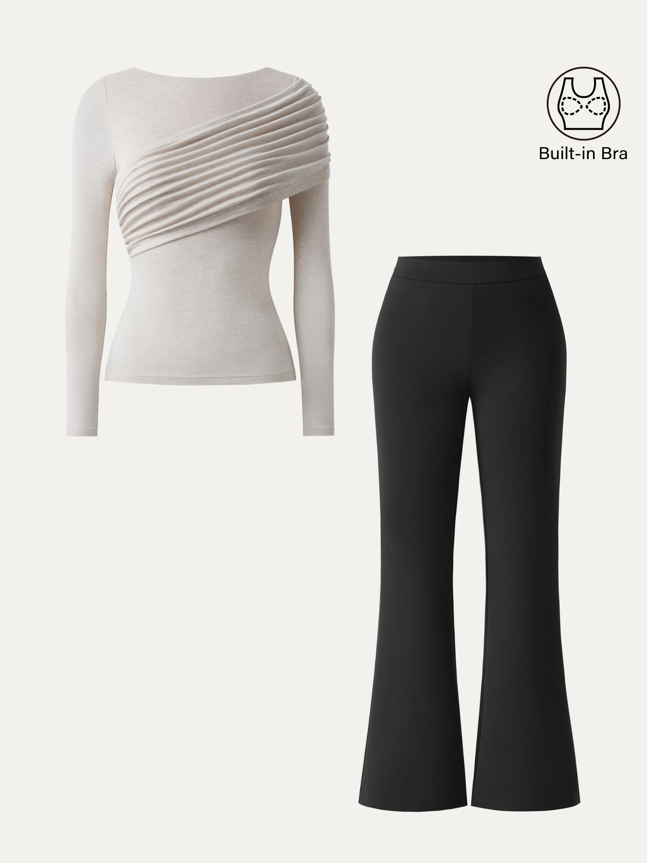 2Pcs Set Gathered Long Sleeve Brami & High Rise Pull-on Flared Petite Pants
