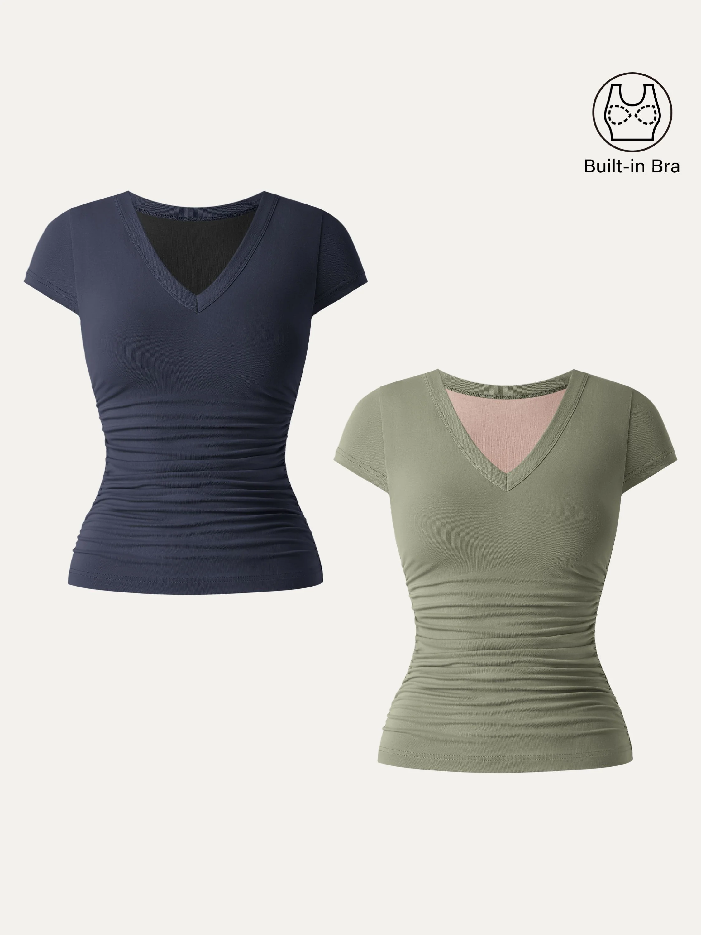 2-Piece Set Elevated V-Neck Side-Ruched Cap-Sleeve Bra Tee