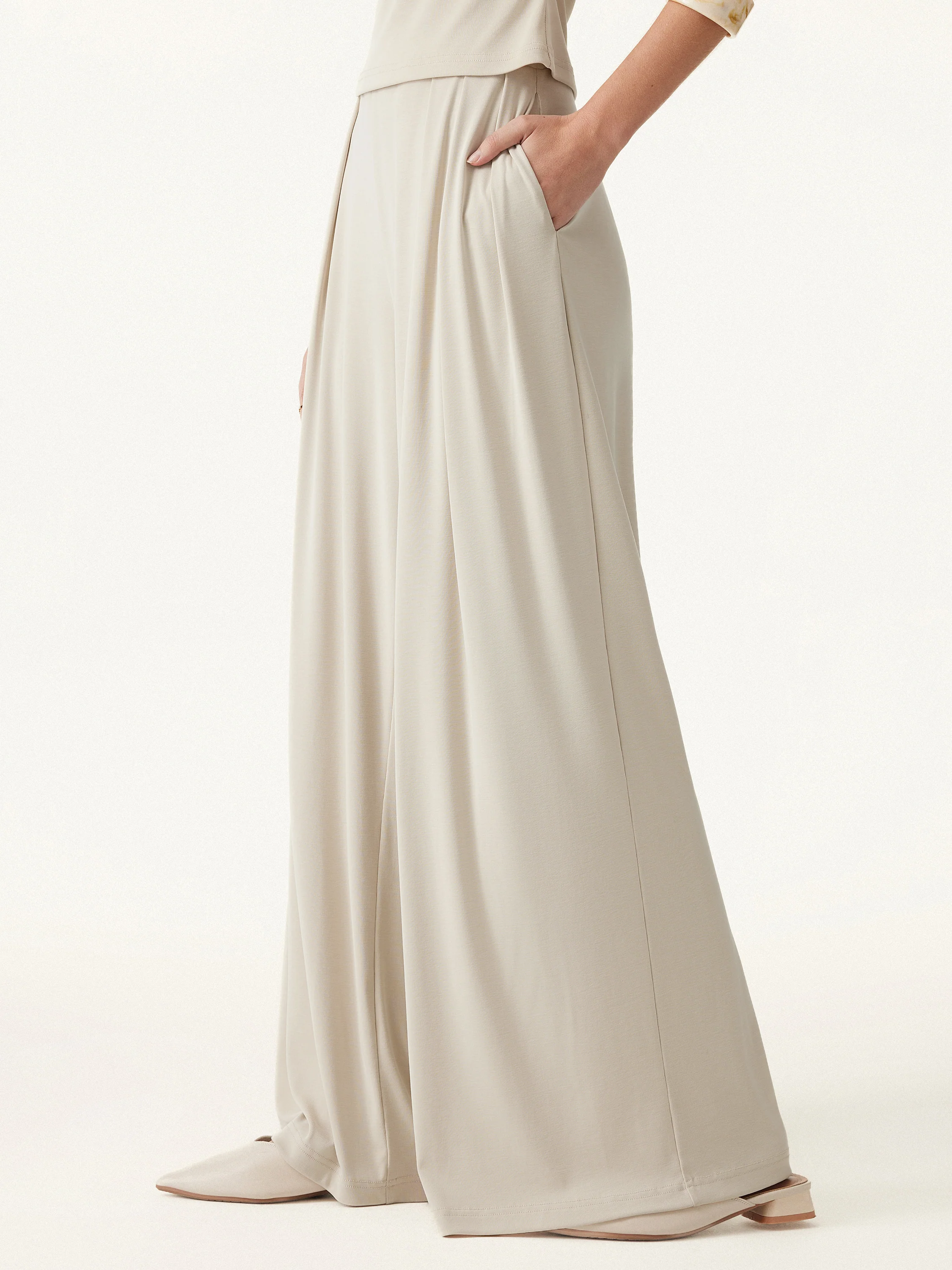 Sand-washed Mid-rise Pleated Wide-leg Palazzo Pants with Pockets