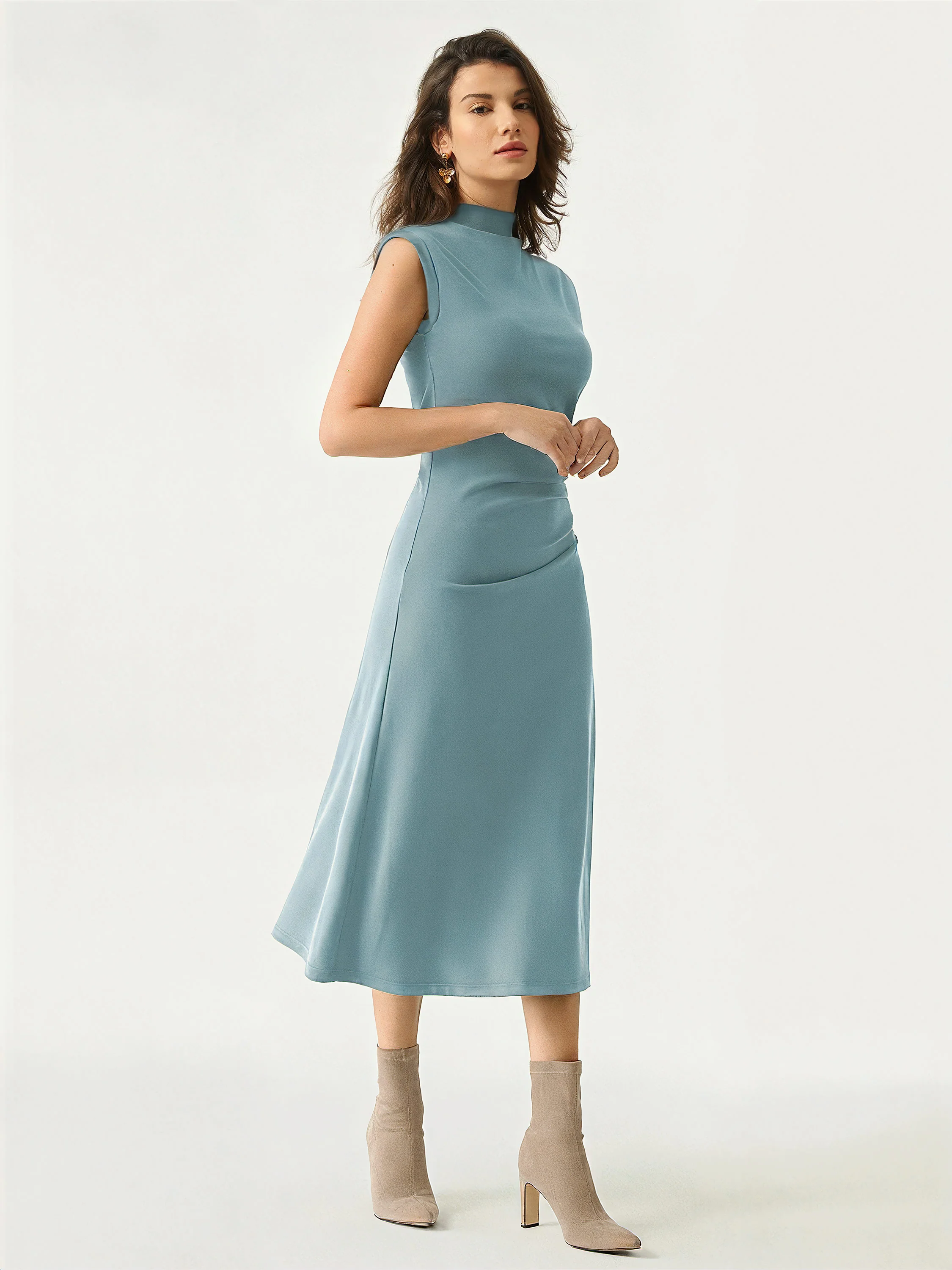 Mock Neck Tucked Midi Dress