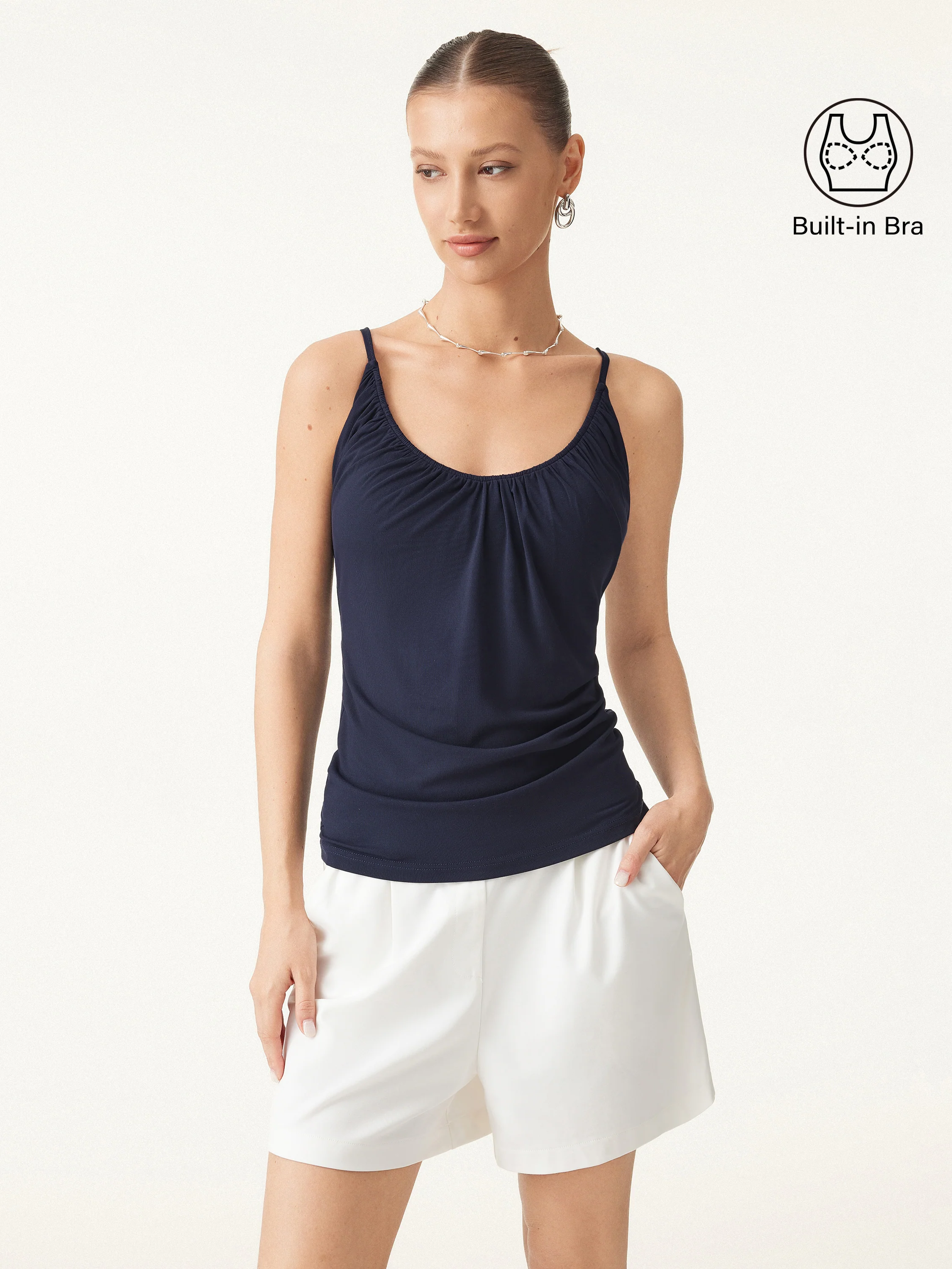 2-Piece Set Hip-Length Scoop Neck Gathered Spaghetti Strap Top