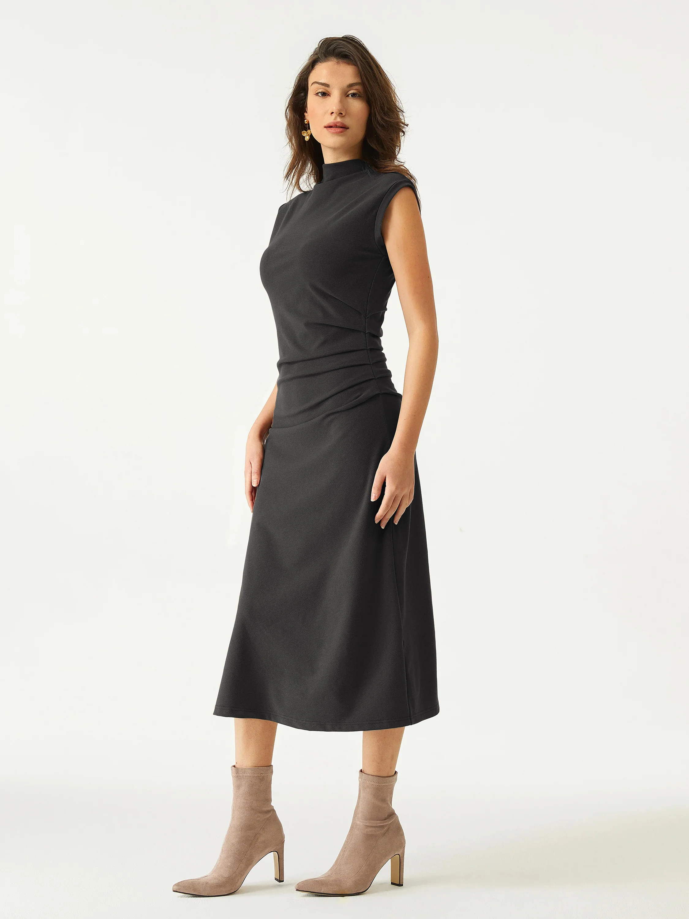 Mock Neck Tucked Midi Dress