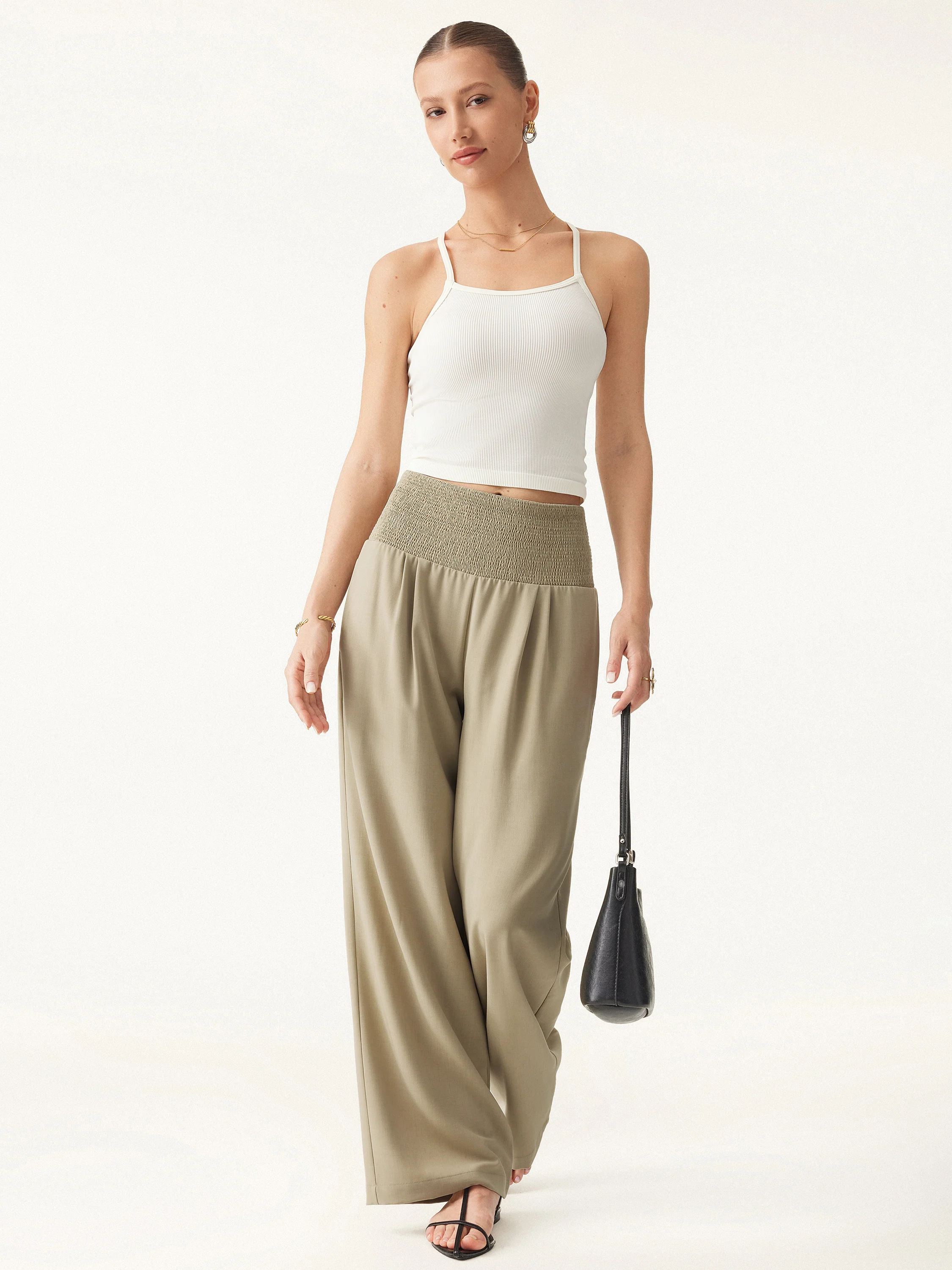 Wrinkle-resistant Tencel Linen Mid-rise Smocked Wide-leg Pant with Pockets