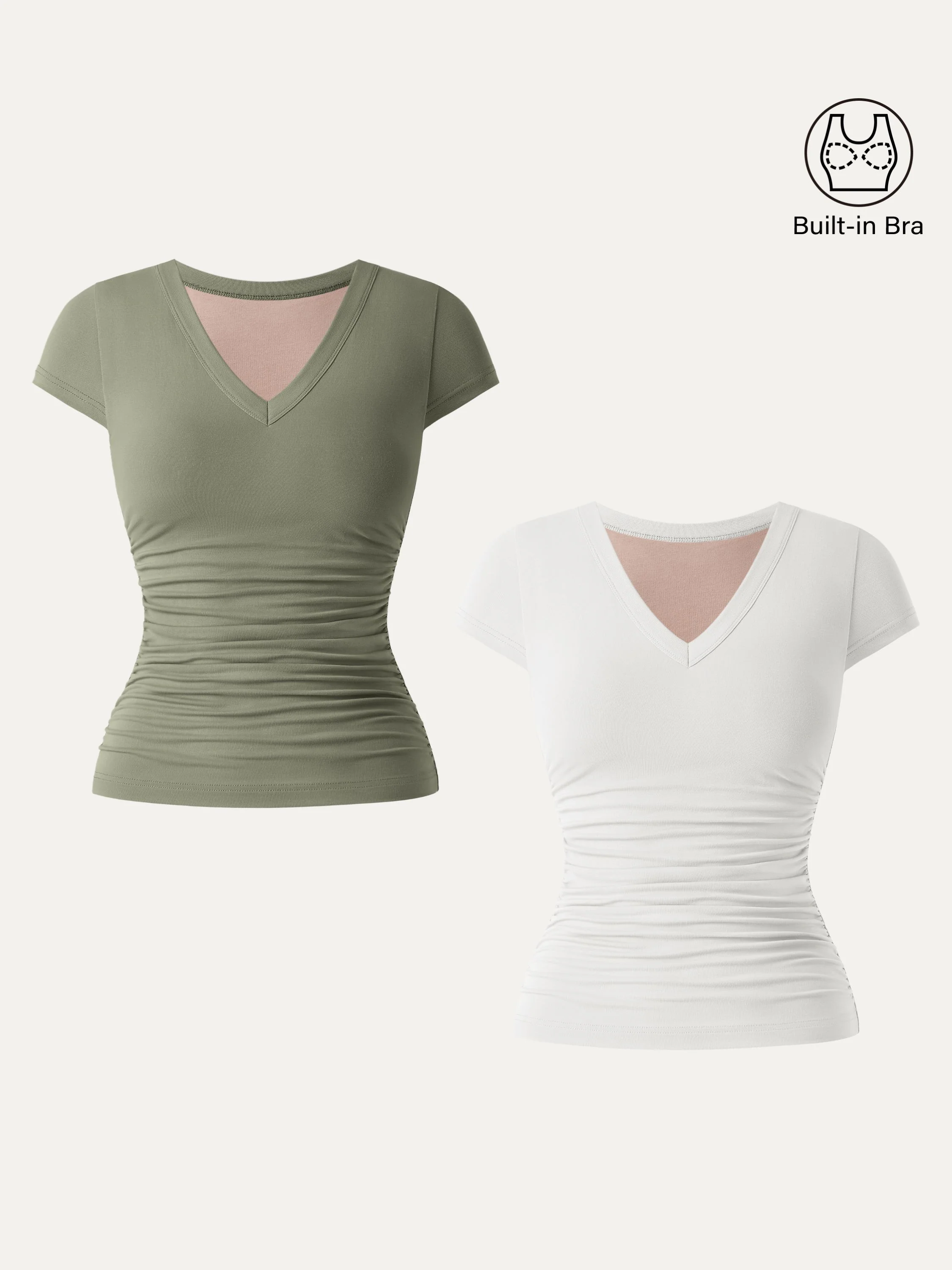 2-Piece Set Elevated V-Neck Side-Ruched Cap-Sleeve Bra Tee