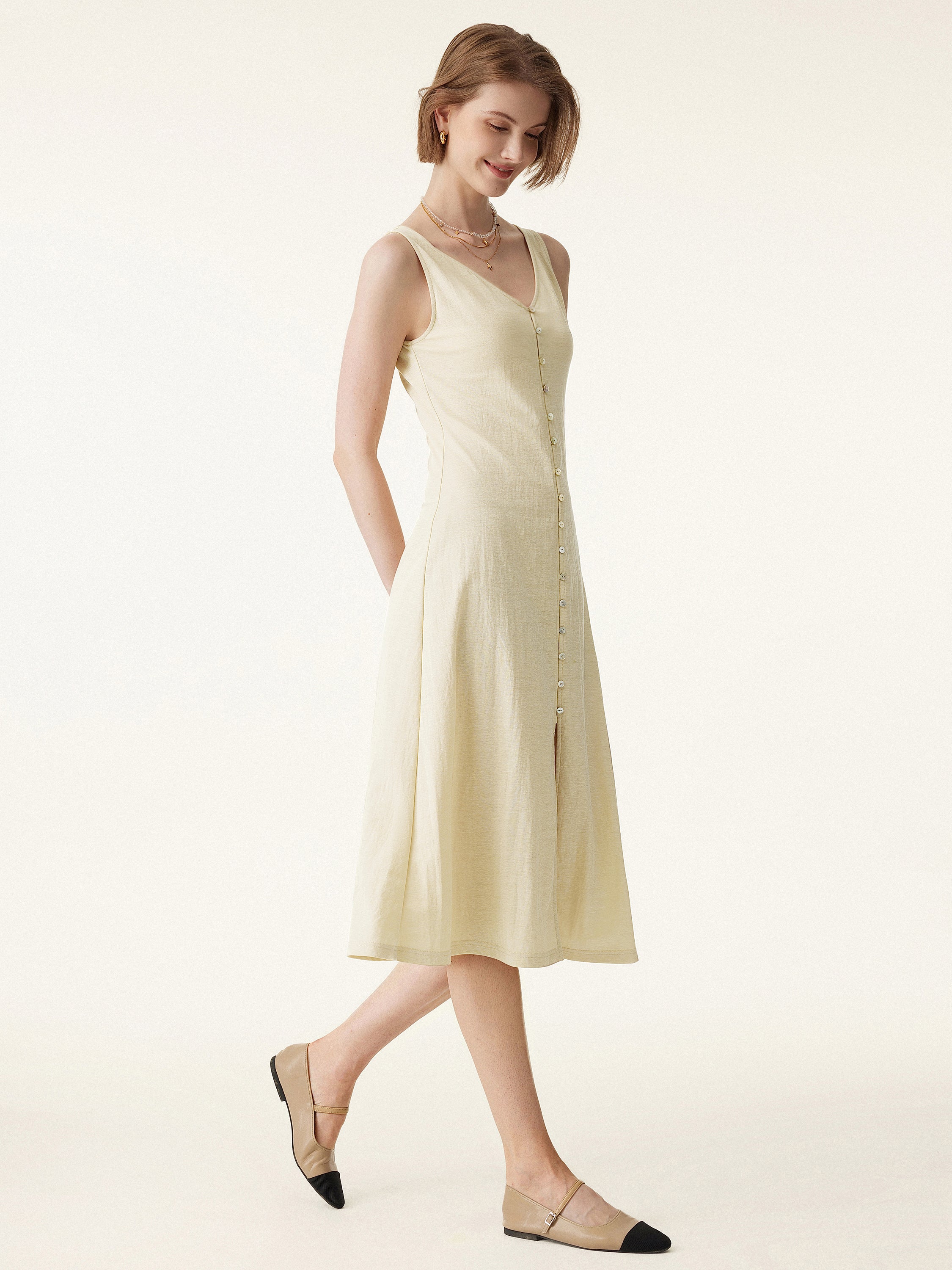 Multi-wear V-neck Button Front Midi Vest Dress