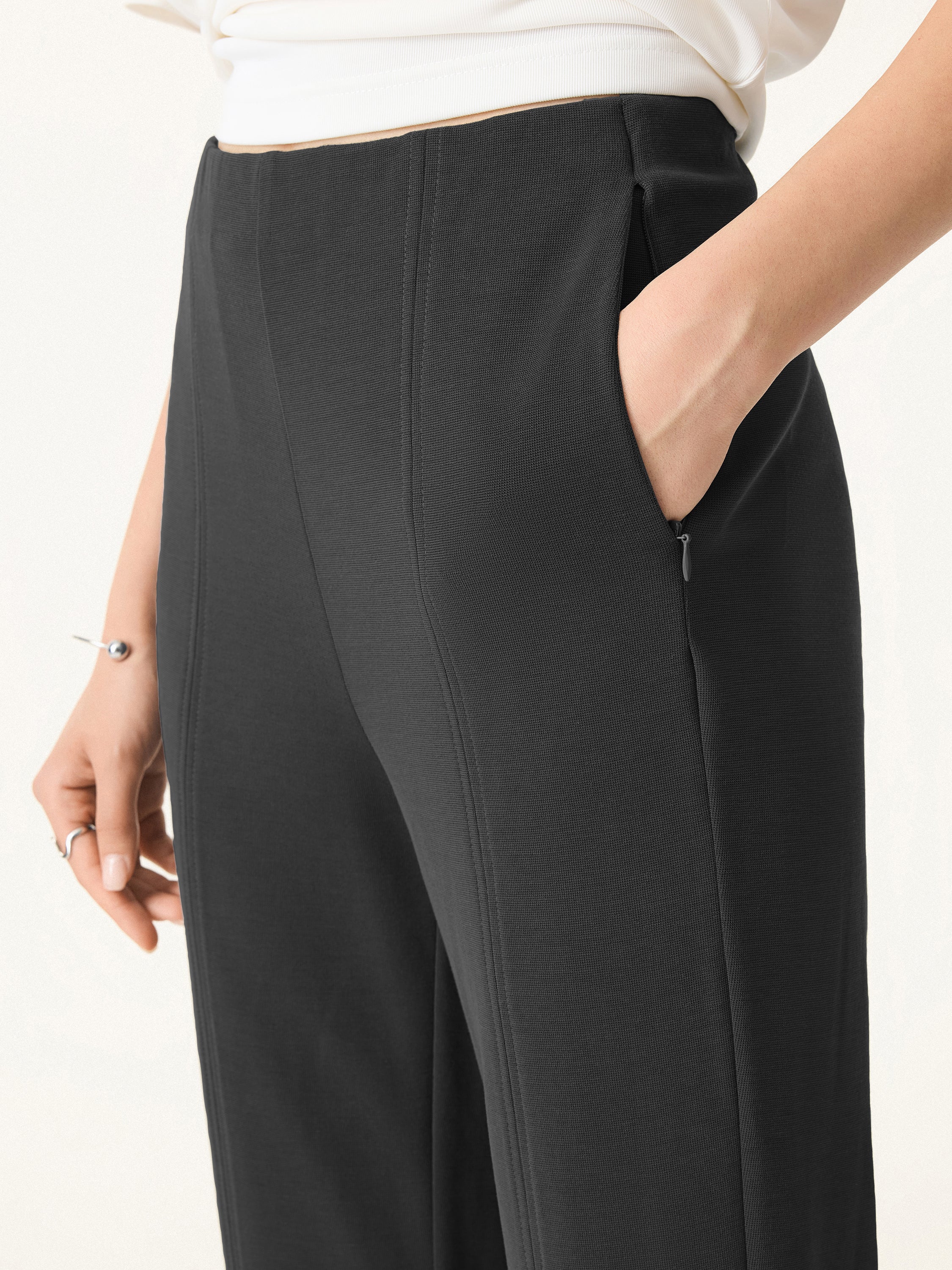 Sandwashed Mid-Rise Slim Straight Pull-On Trousers with Pockets