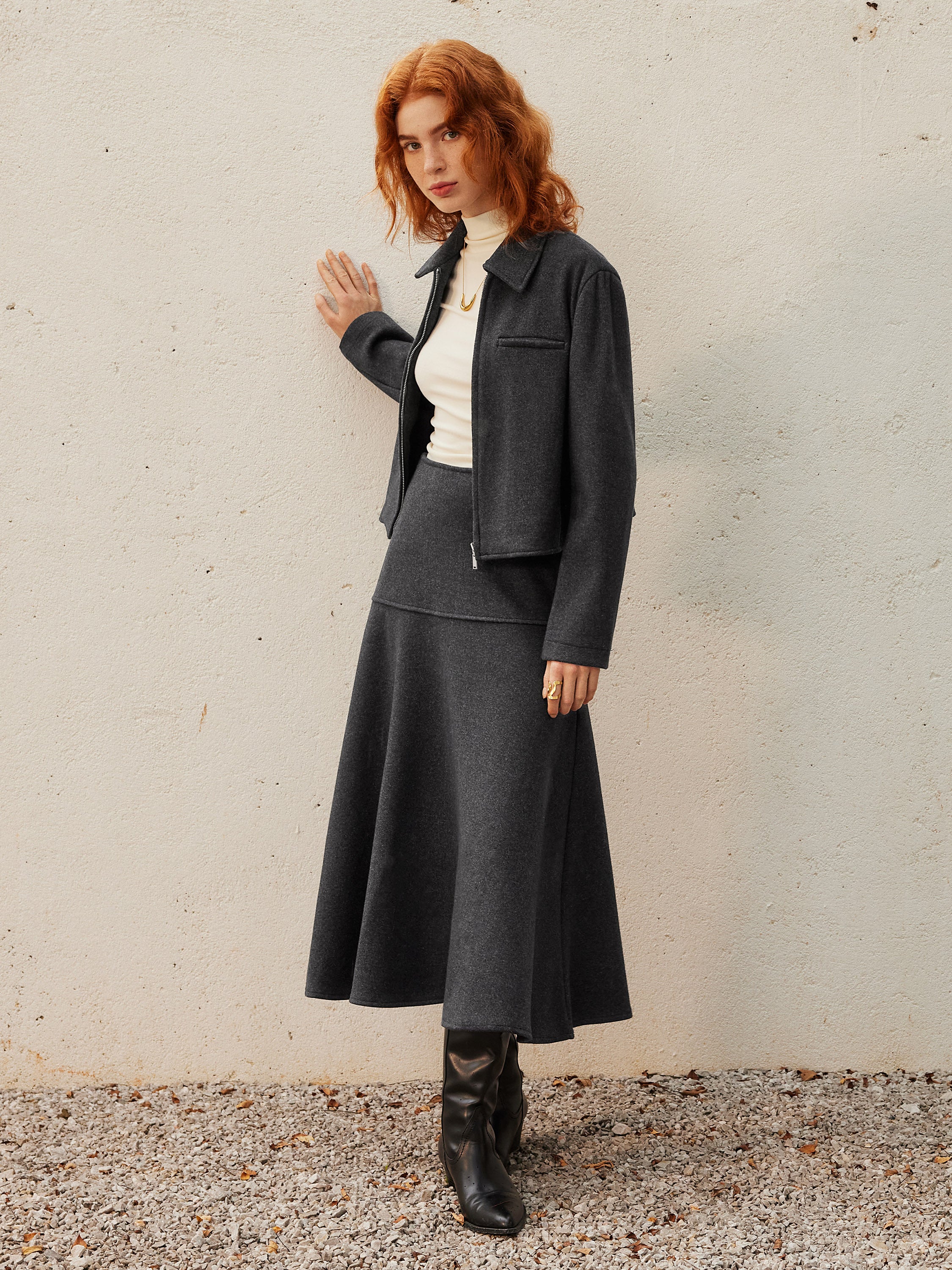 Wool-like Flared Long Skirt