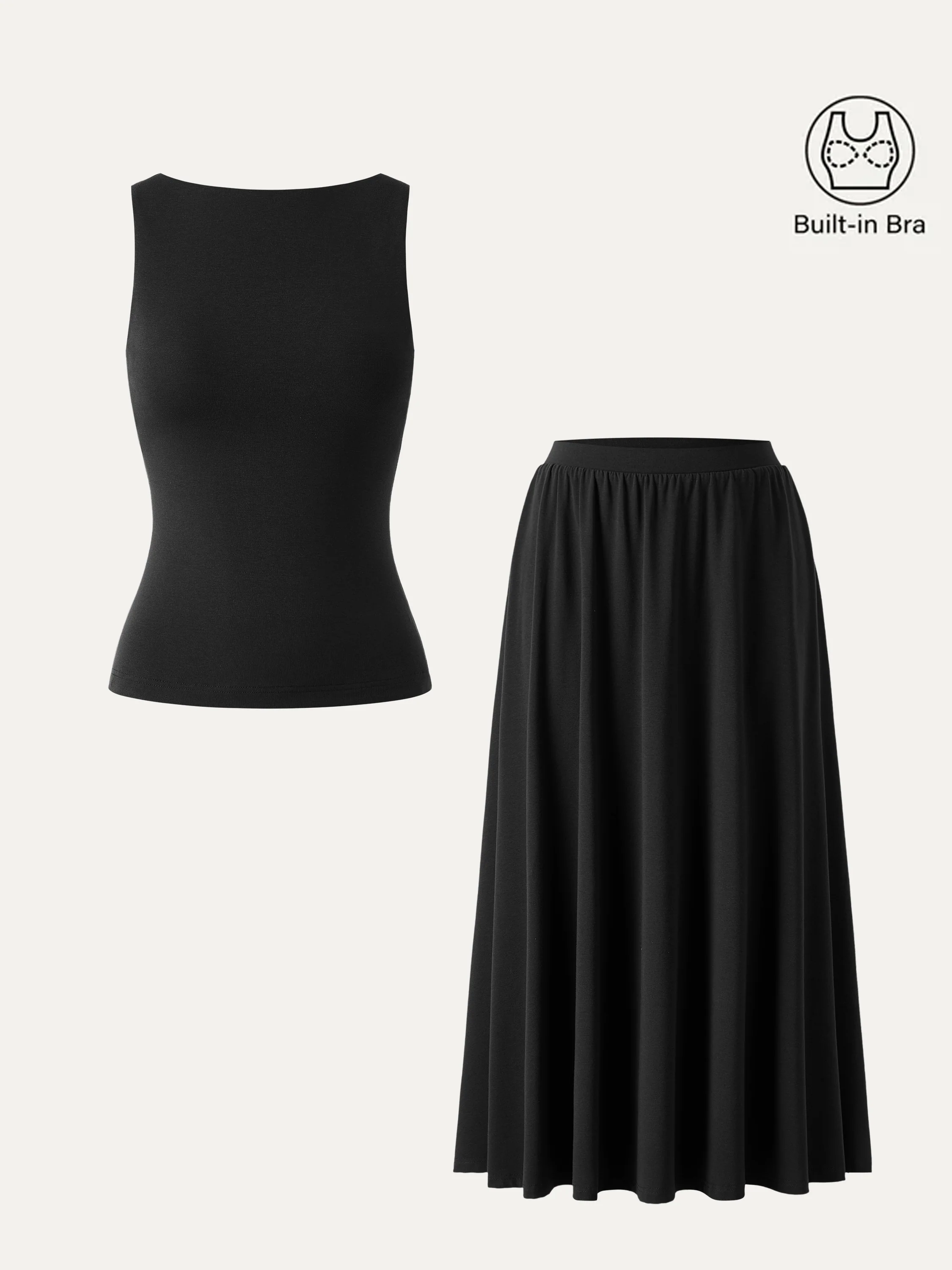 2Pcs Set Stretch Cotton Boatneck Brami Tank & Maxi Umbrella Skirt with Pockets