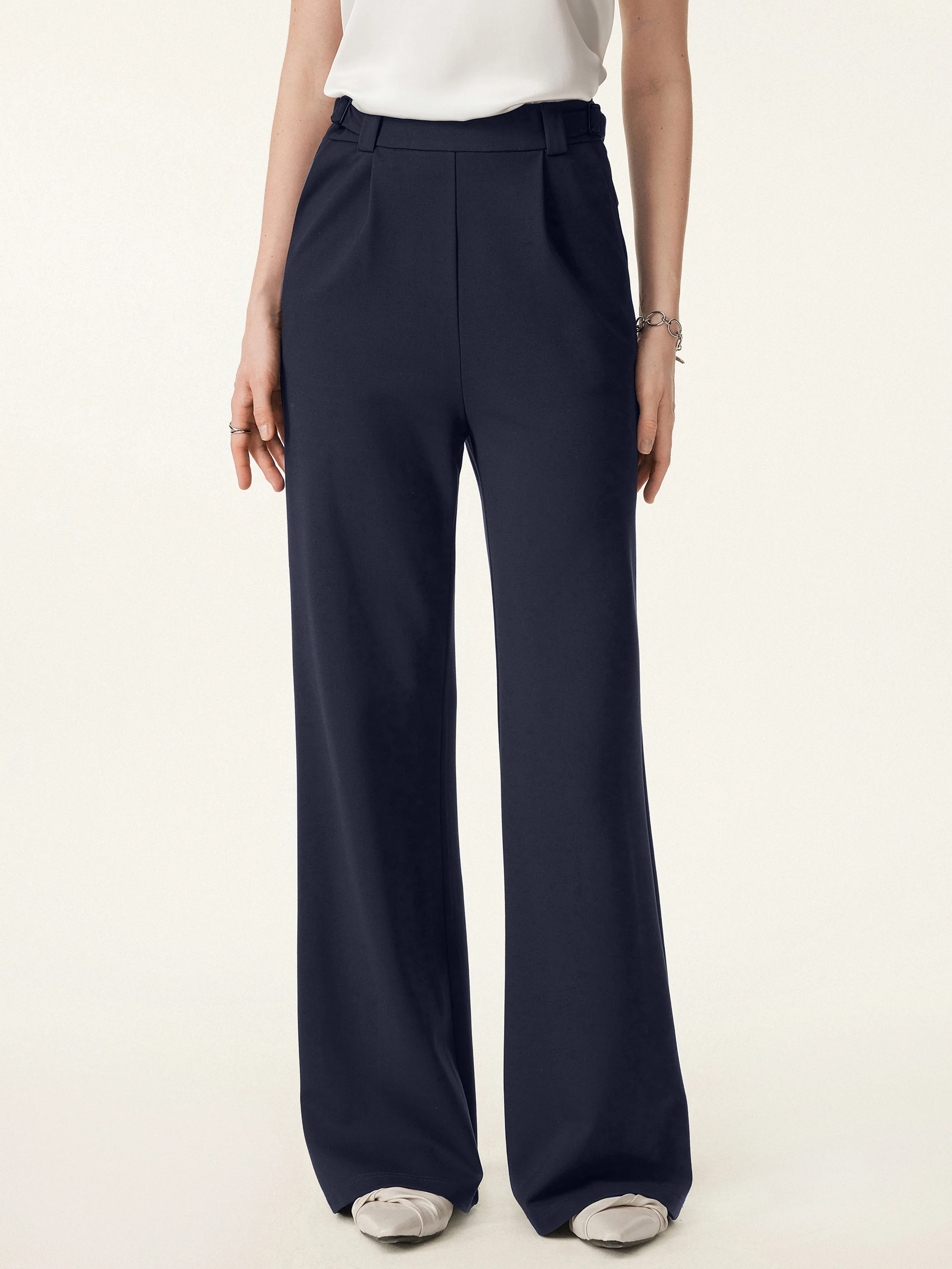 High Rise Pull-on Wide Leg Pants with Adjustable Bar