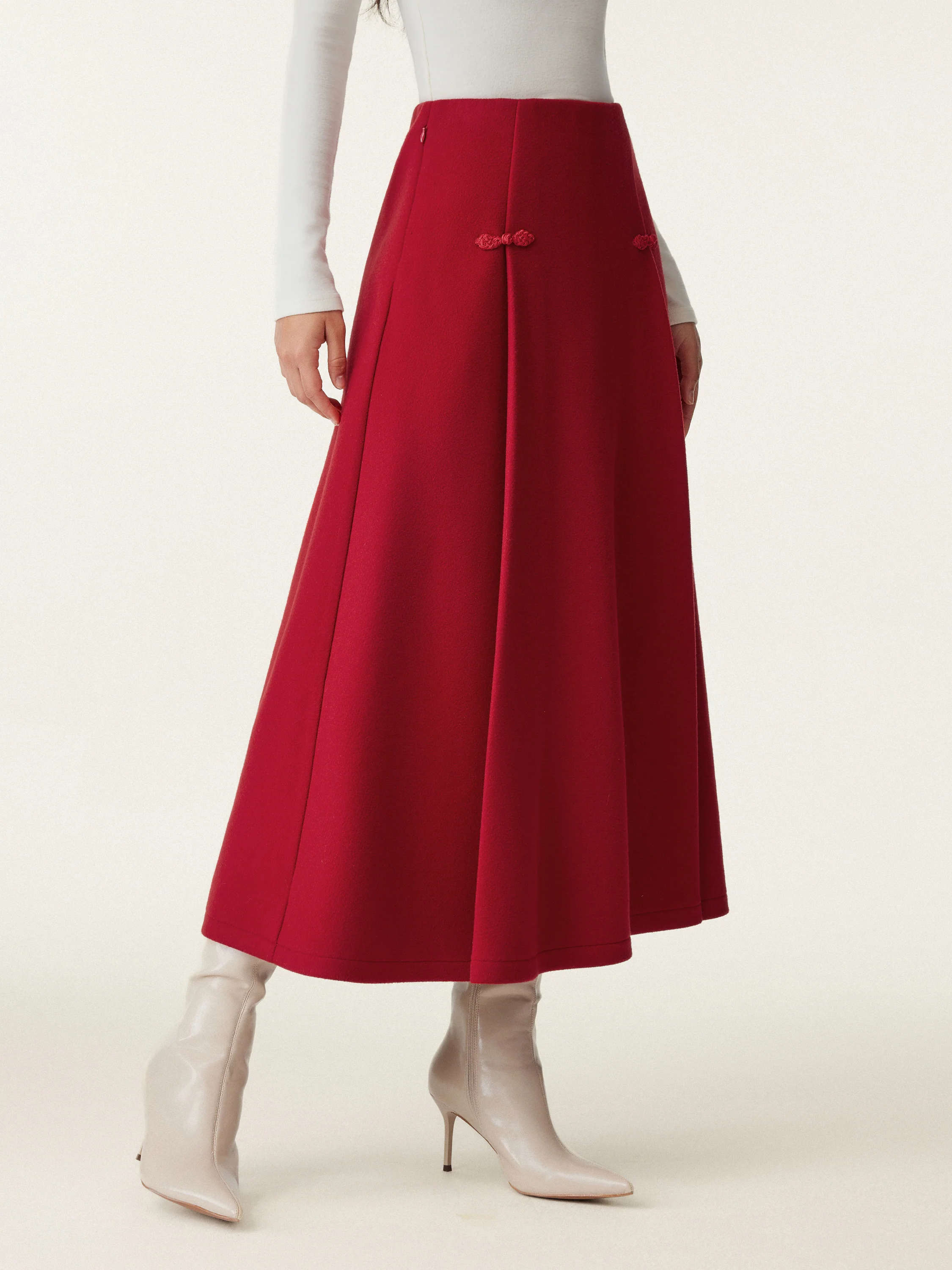 Wool-like Frog Button A-Line Midi Skirt