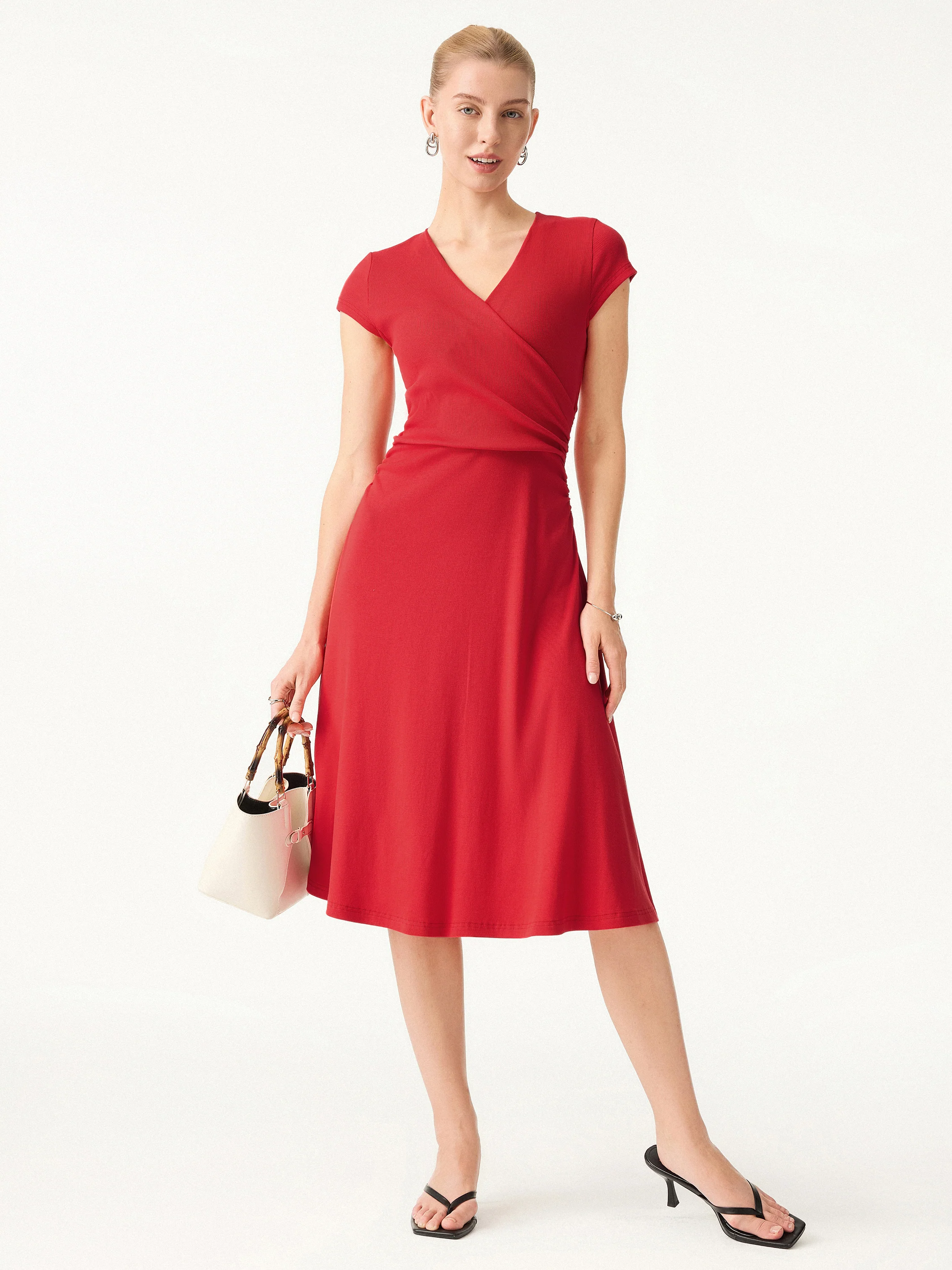 Stretch Cotton Surplice V-neck Cap Sleeve Midi Dress