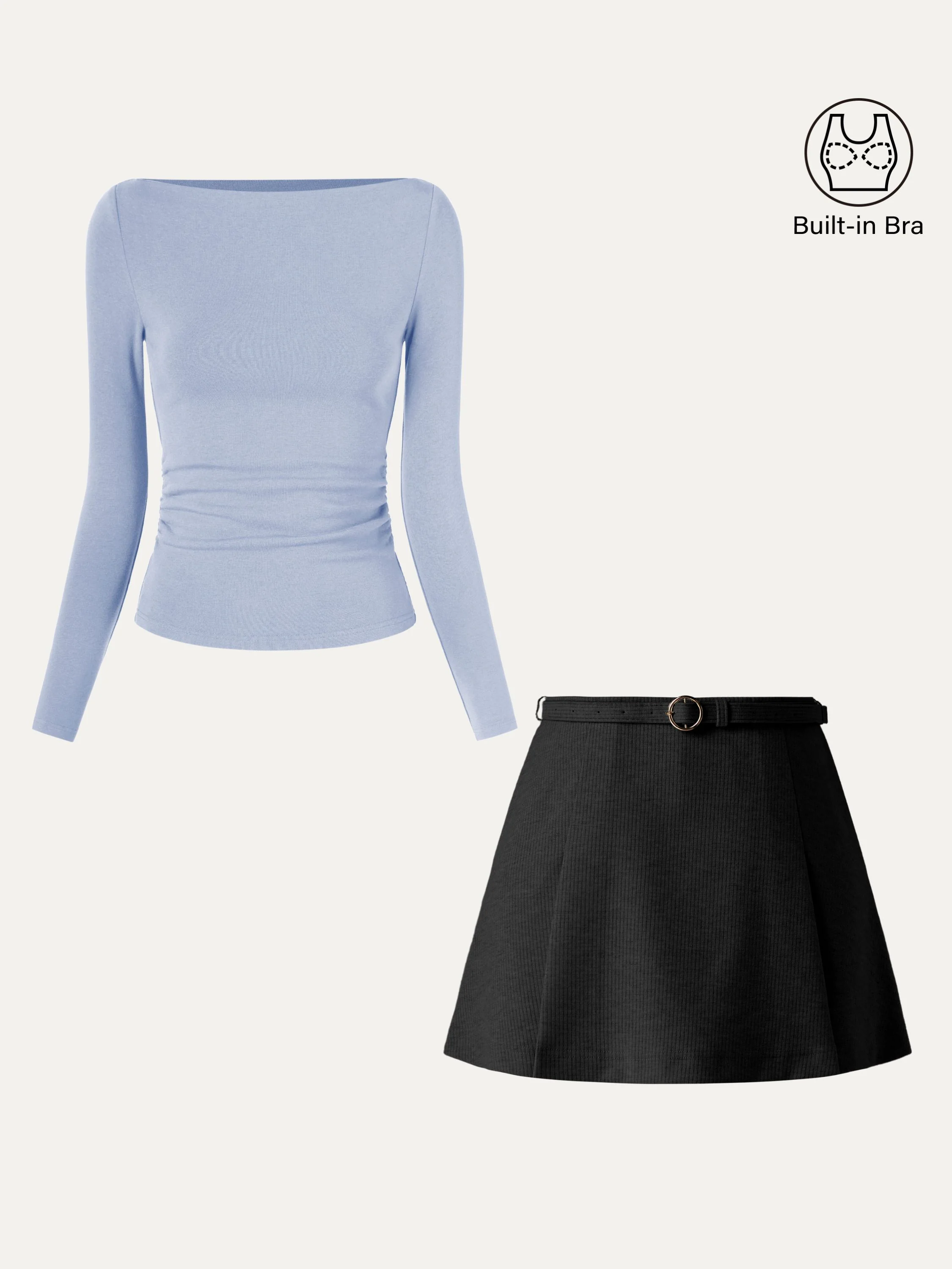 2Pcs Set Side Ruched Boatneck Brami Top & Belted Mini Skirt With Shorts