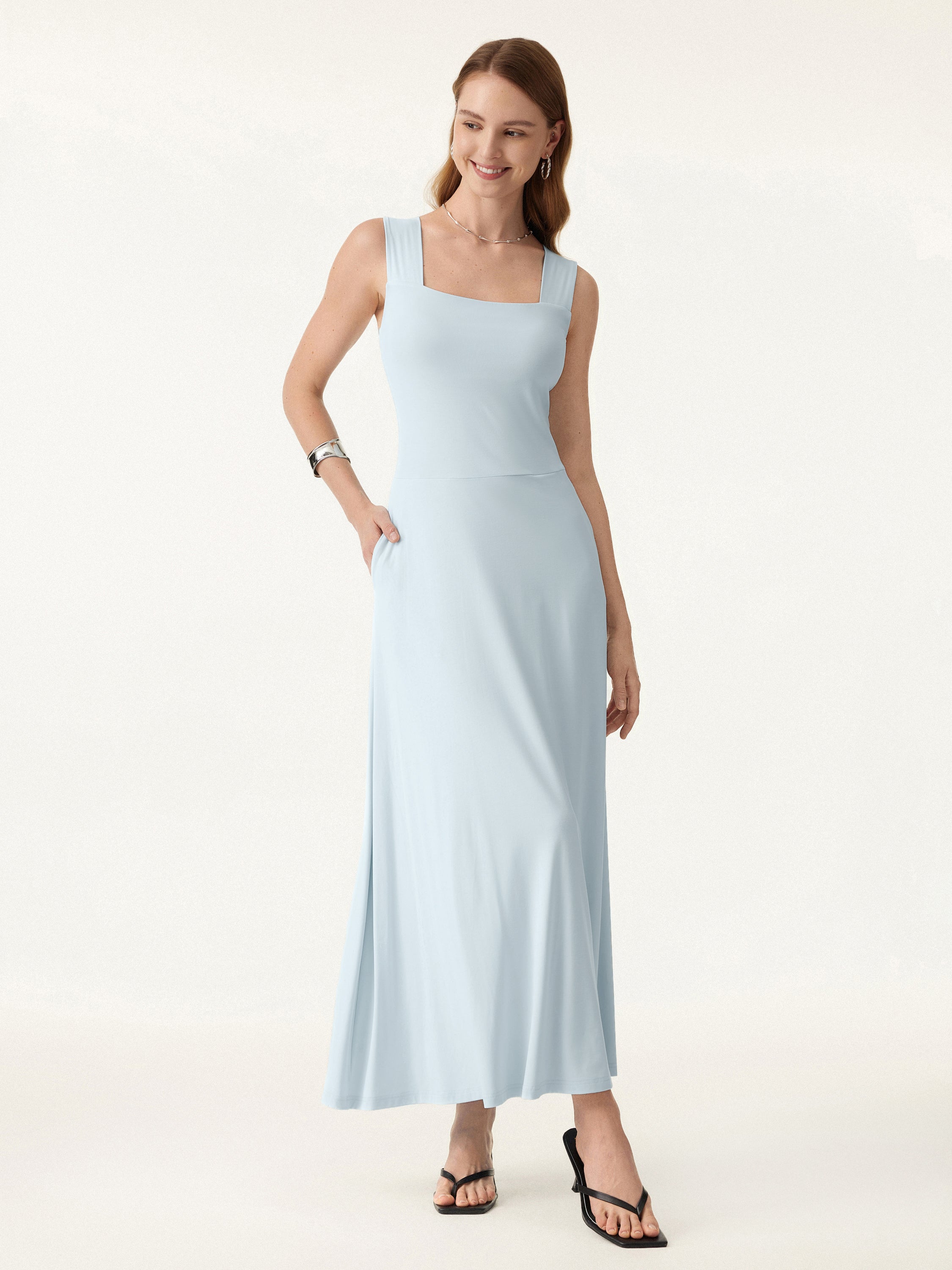 Flowy Square Neck Wide Straps Midi Brami Dress with Pockets