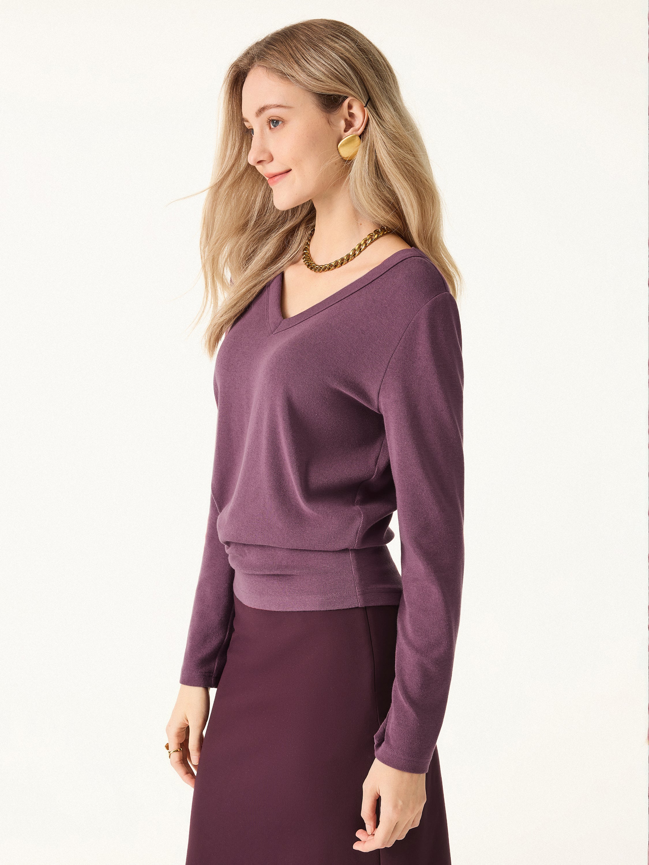 V neck Long Sleeve Top with Close fit Hem