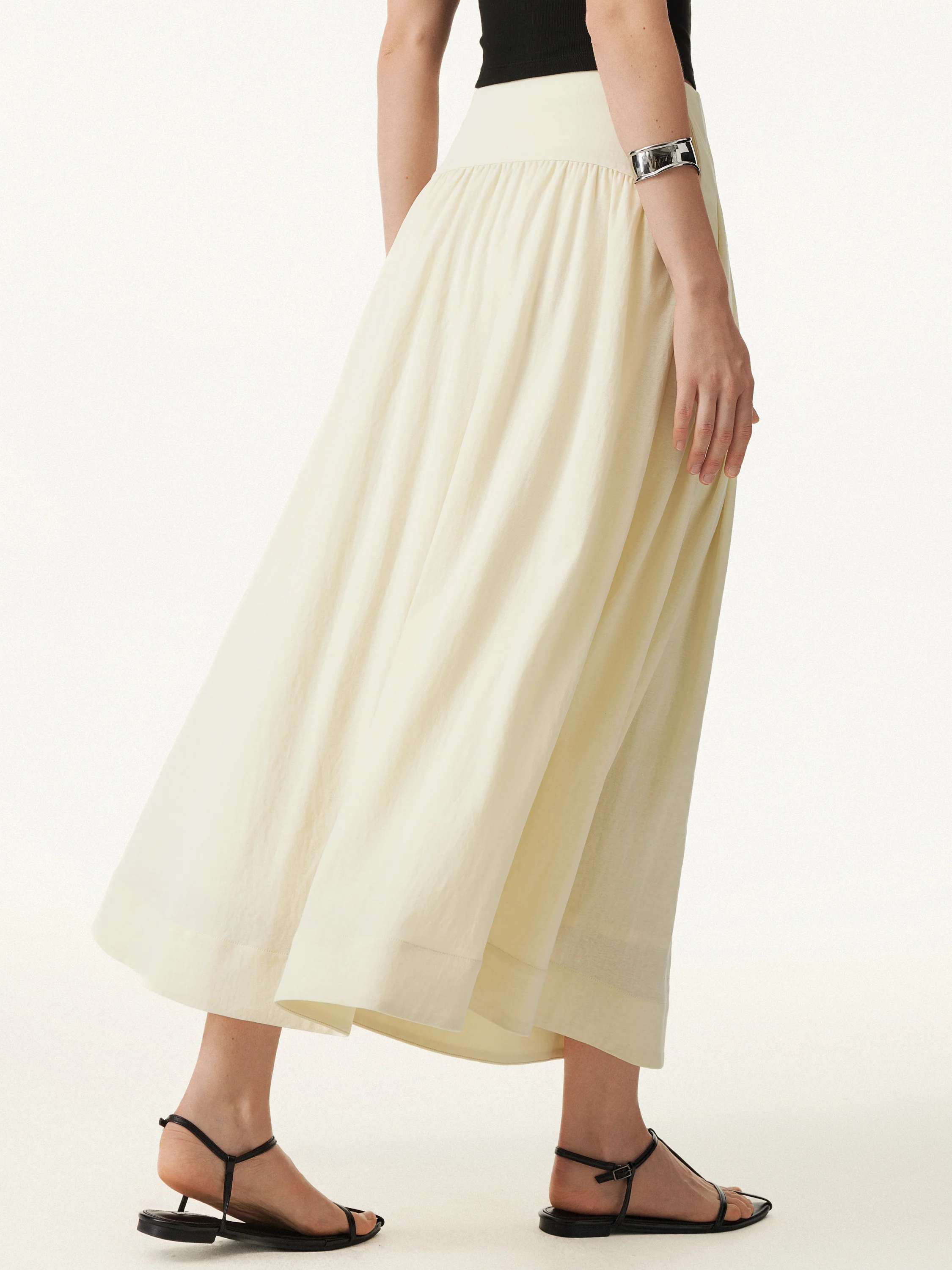 Wrinkle-resistant Cotton-linen Mid-rise Pleated Midi Skirt