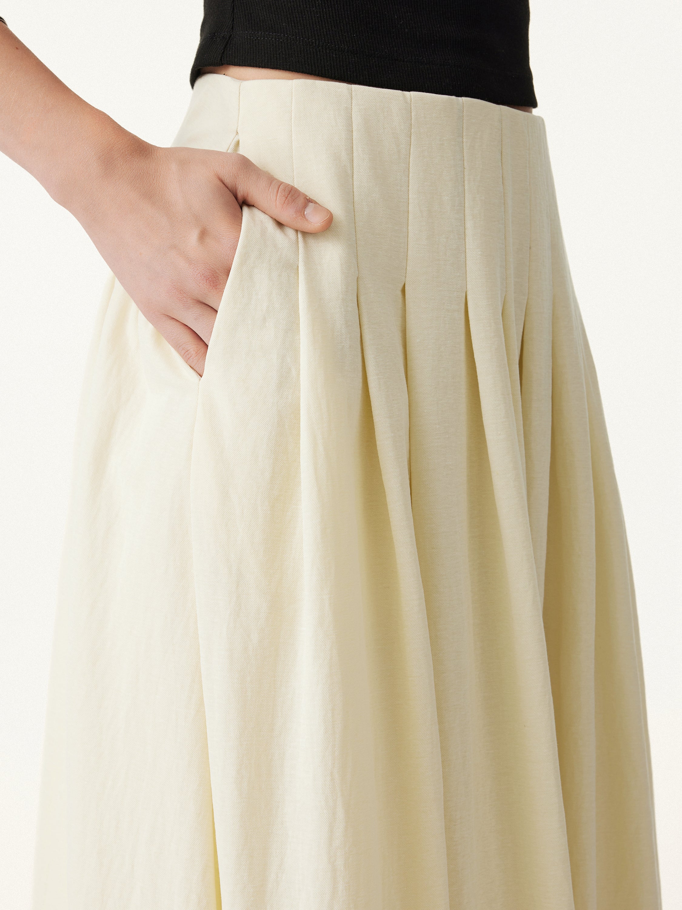 Wrinkle-resistant Cotton-linen Mid-rise Pleated Midi Skirt