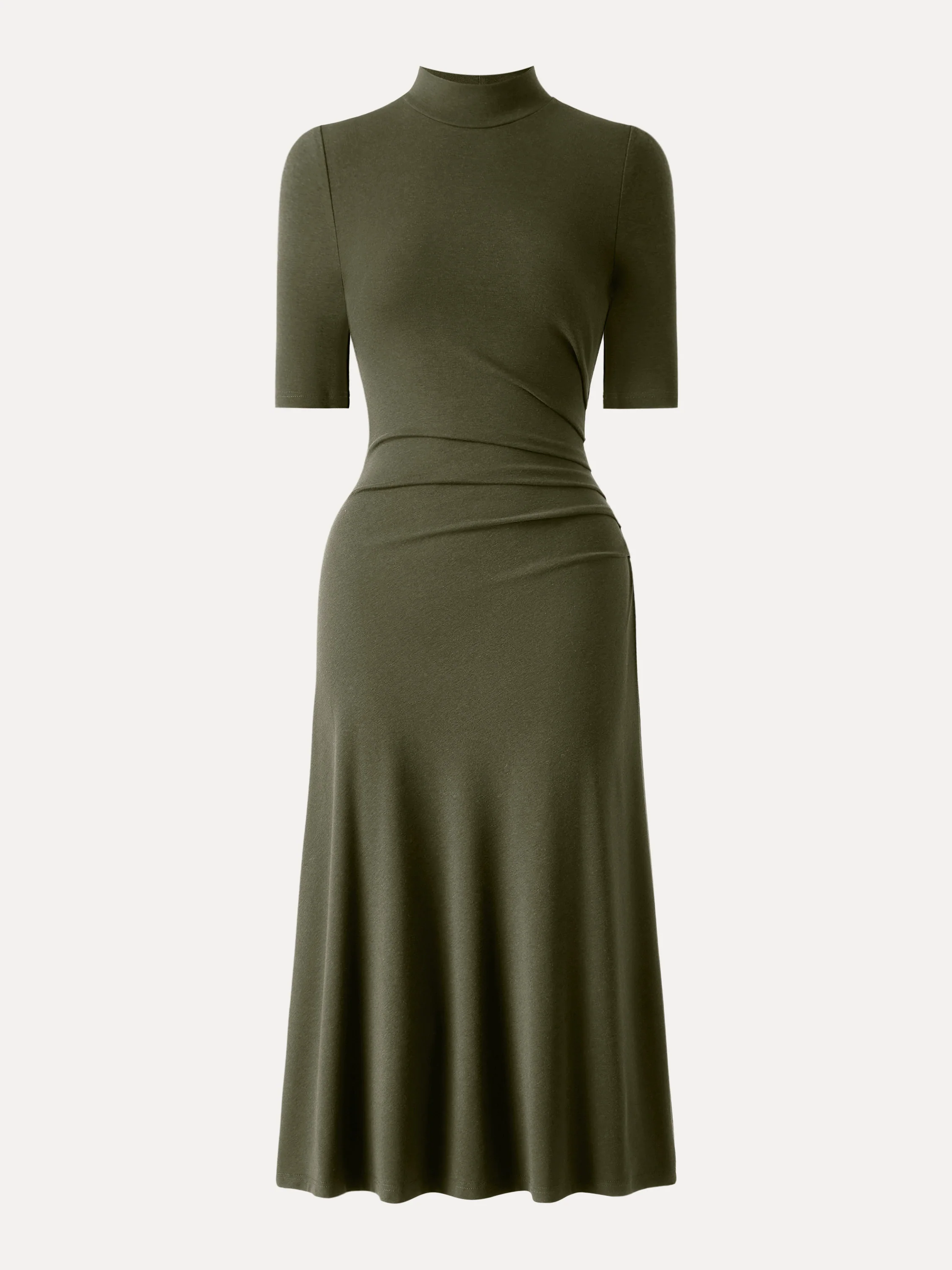 Mock Neck Elbow-Length Sleeve Tucked Mid-Length Dress