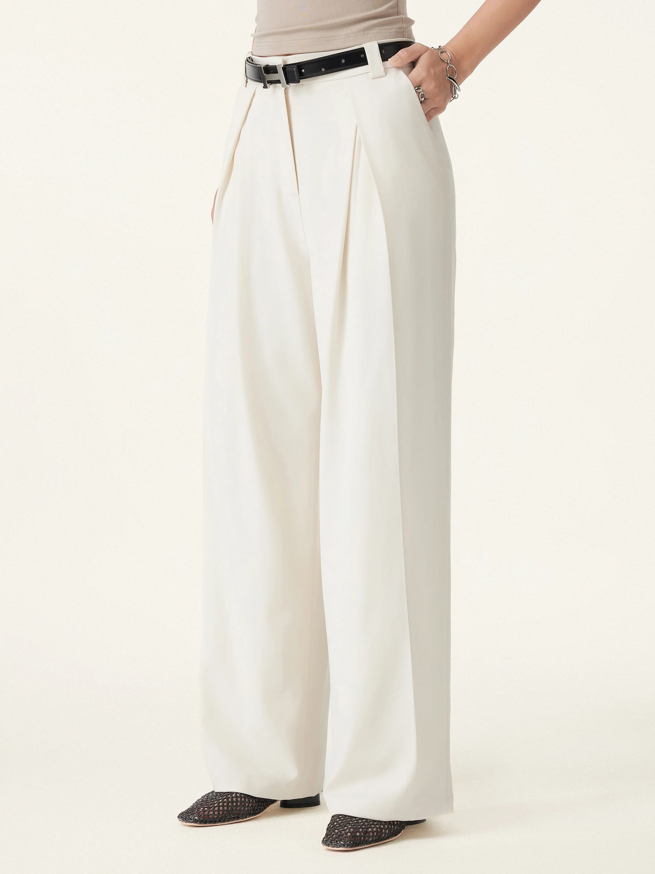 Tencel-Linen Pants Wrinkle-Free Tucked Wide Leg Trouser