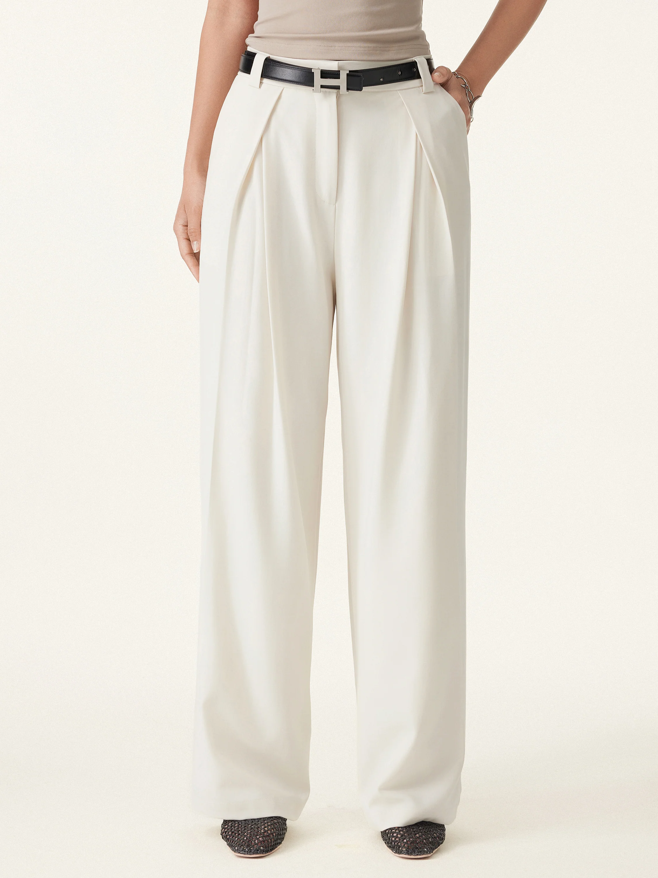 Tencel-Linen Pants Wrinkle-Free Tucked Wide Leg Trouser