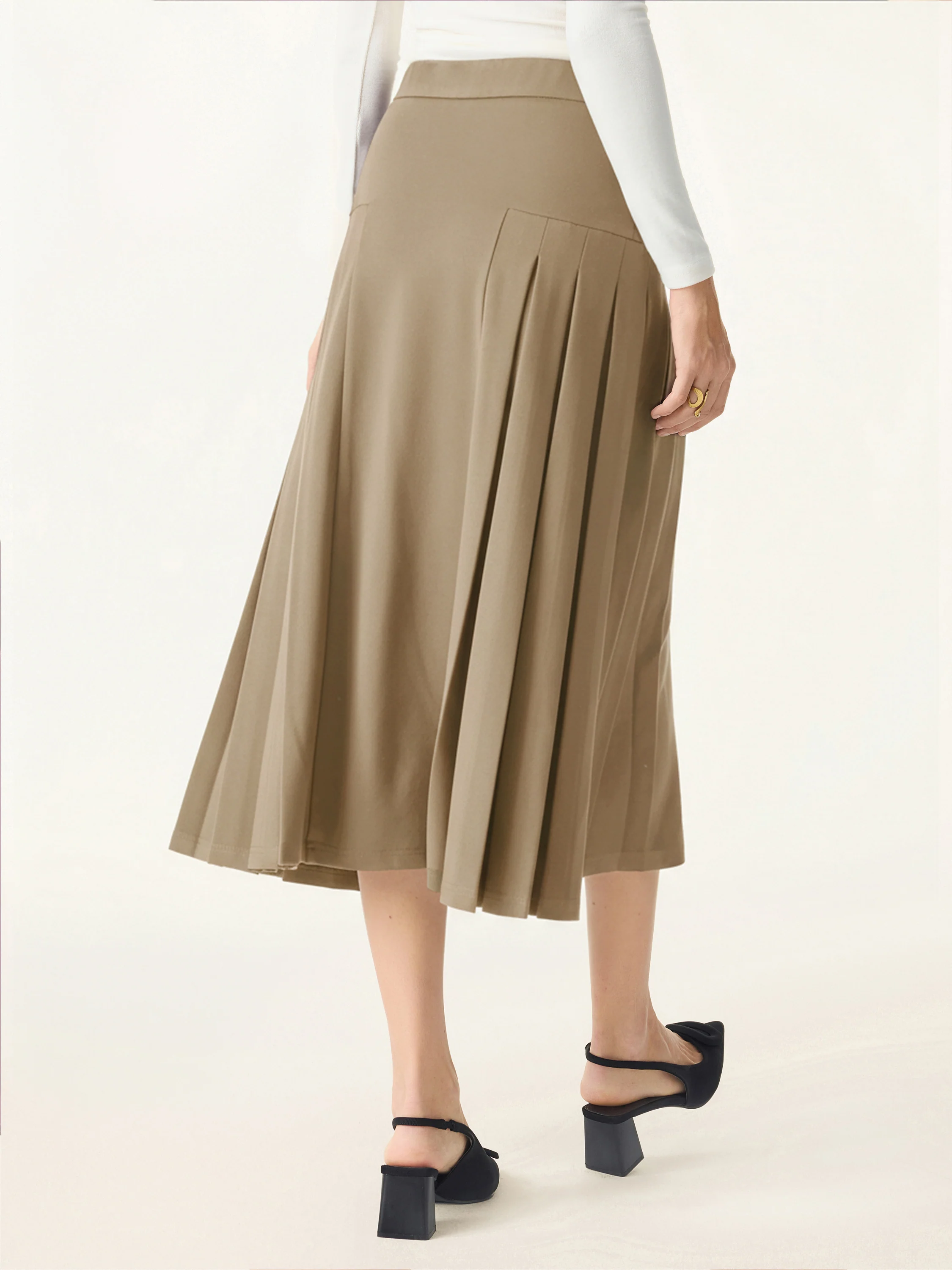 Stretch Ponte Pleated A-line Midi Fitted Skirt