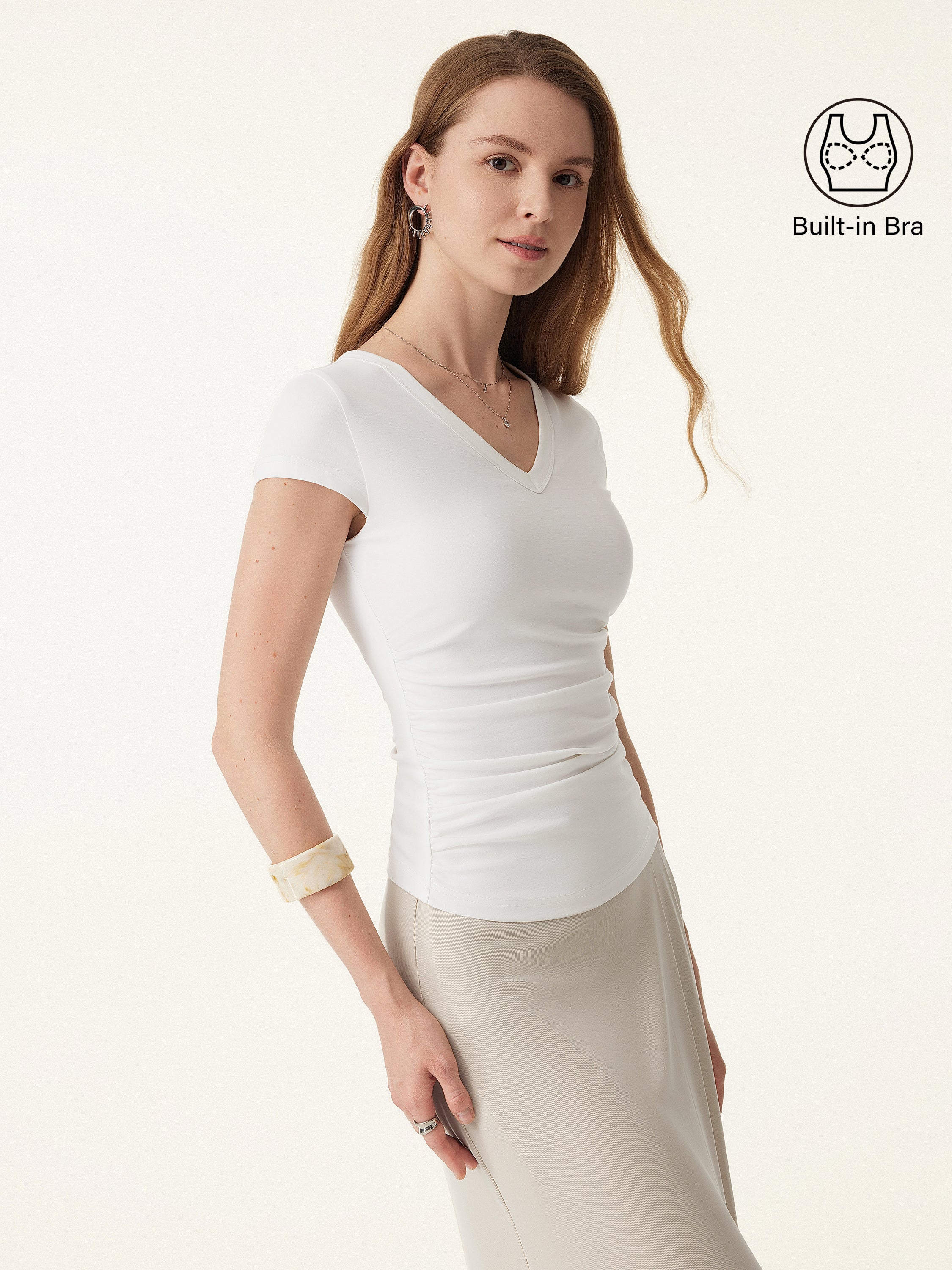 Elevated V-neck Side Ruched Cap Sleeve Brami Tee