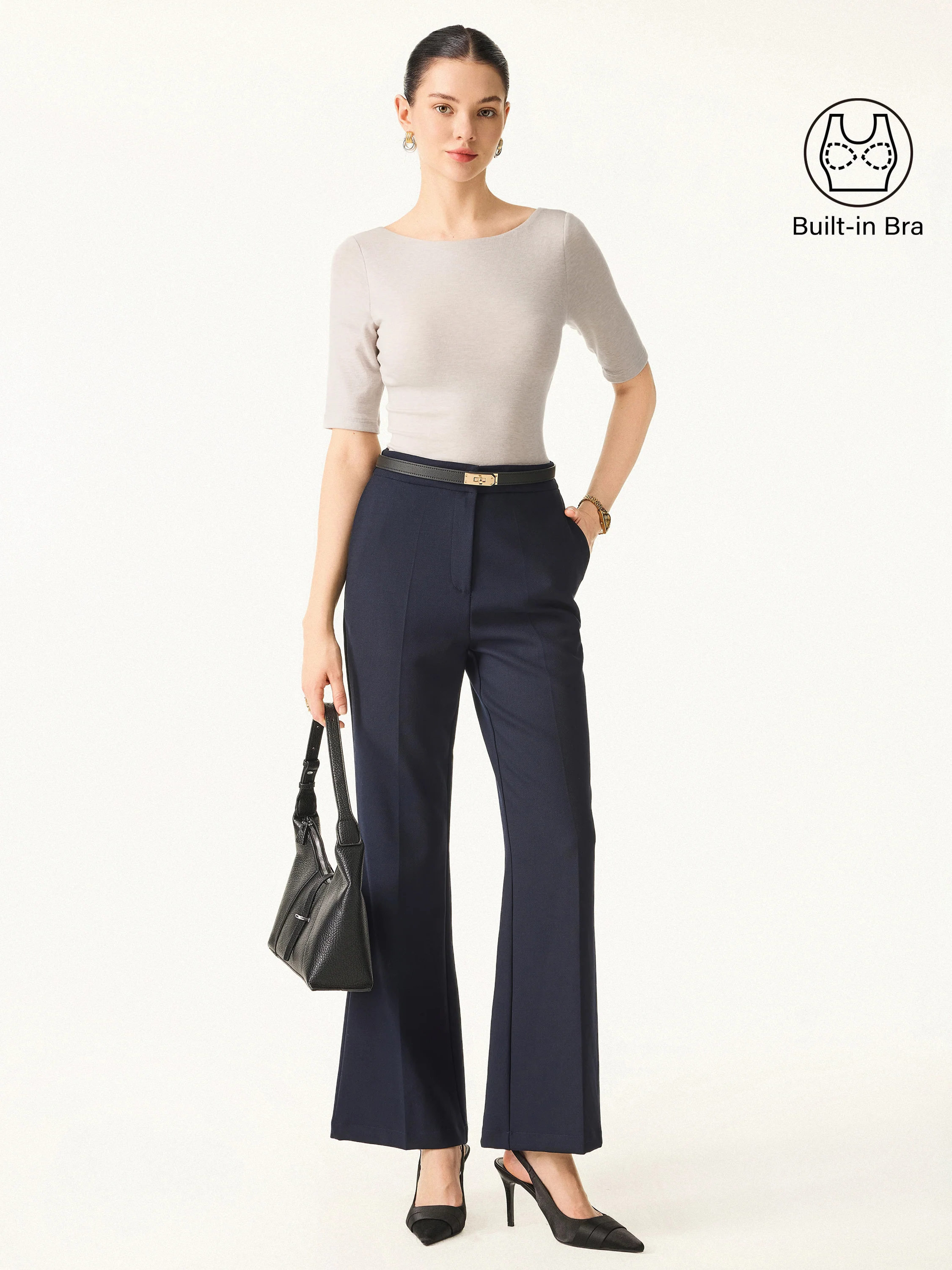 2Pcs Set Lyocell Cashmere Boatneck Elbow Length Sleeve Brami