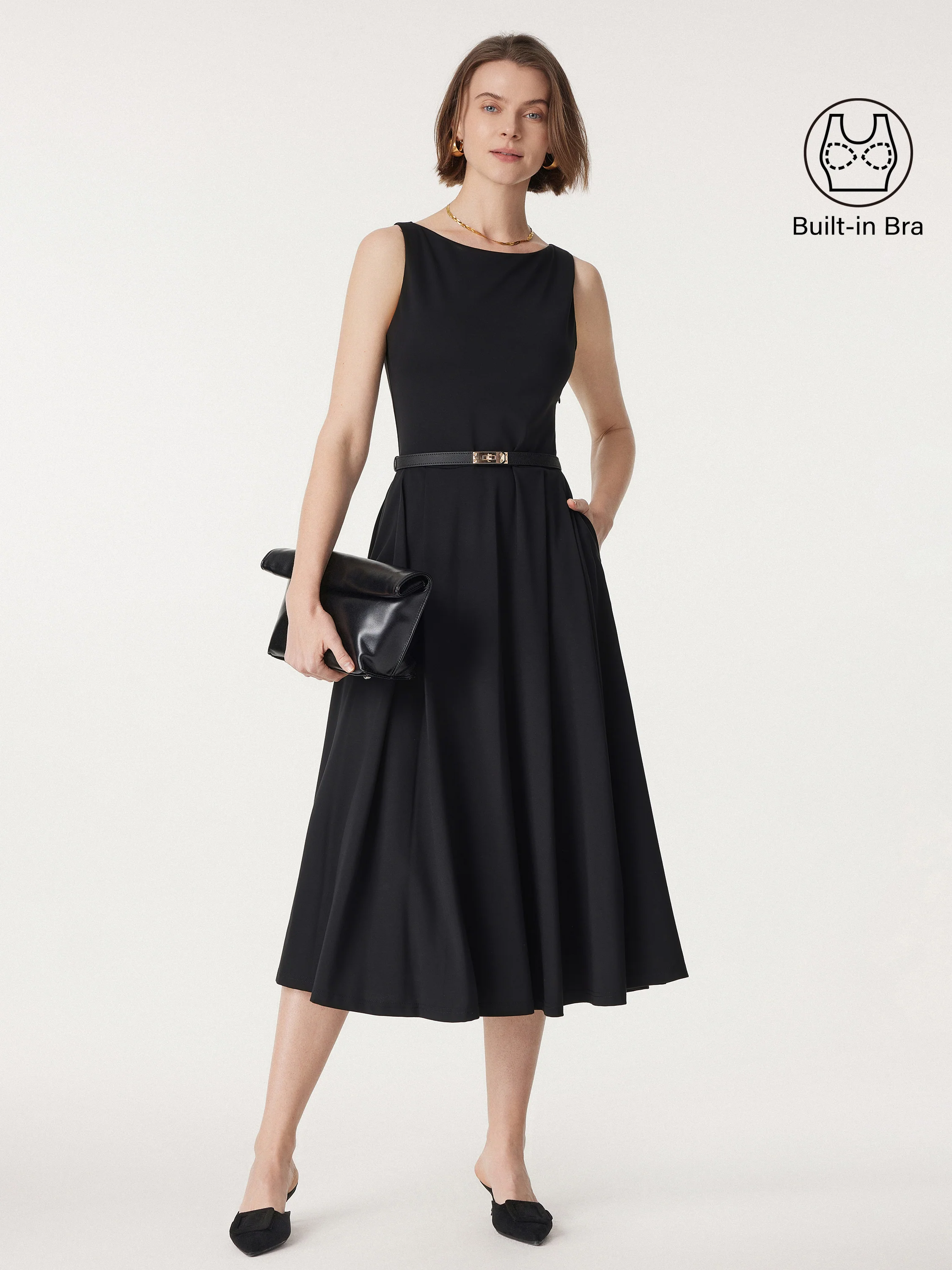Boatneck Bamboo Ponte Brami Midi Dress with Pockets