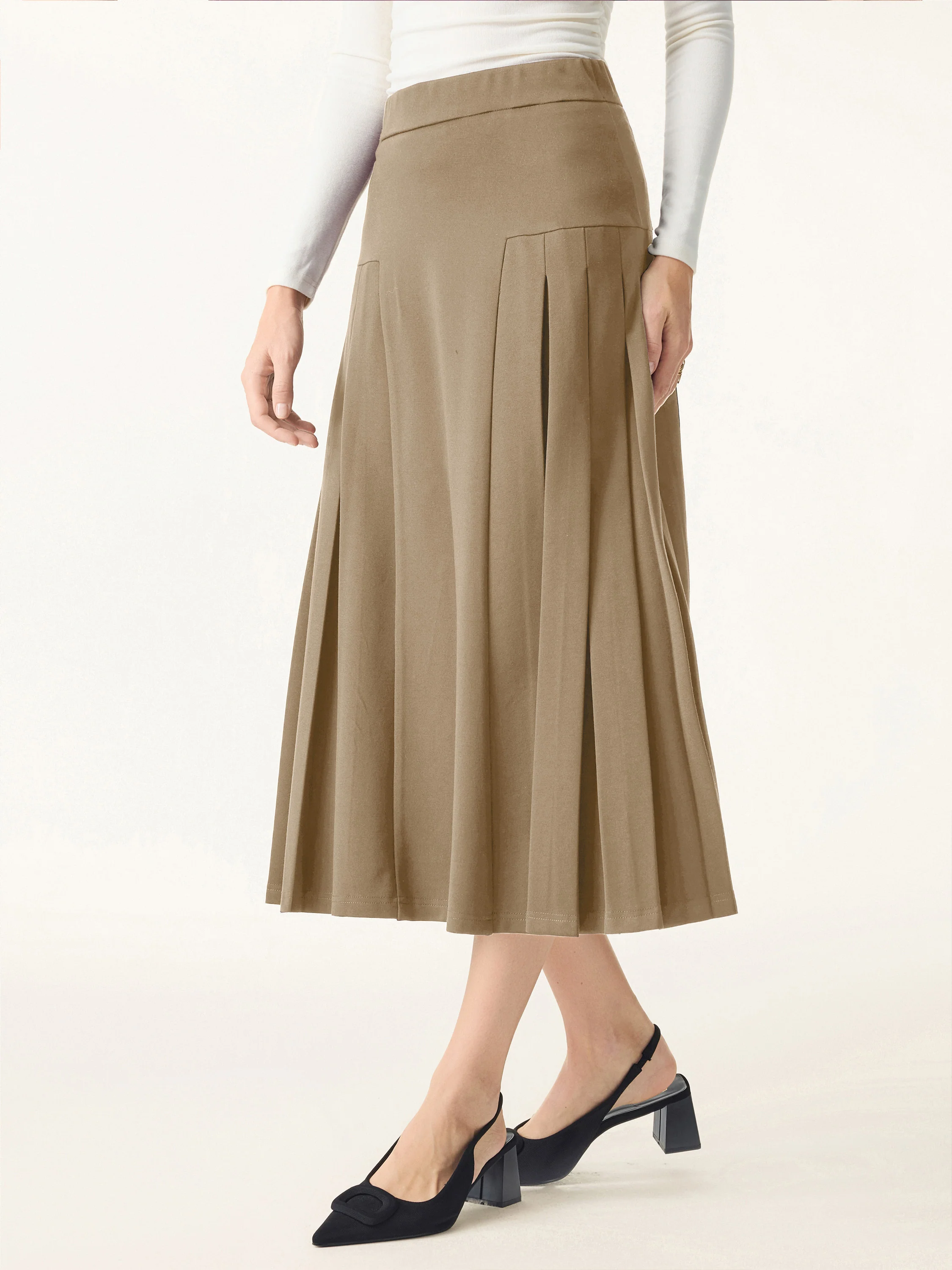 Stretch Ponte Pleated A-line Midi Fitted Skirt