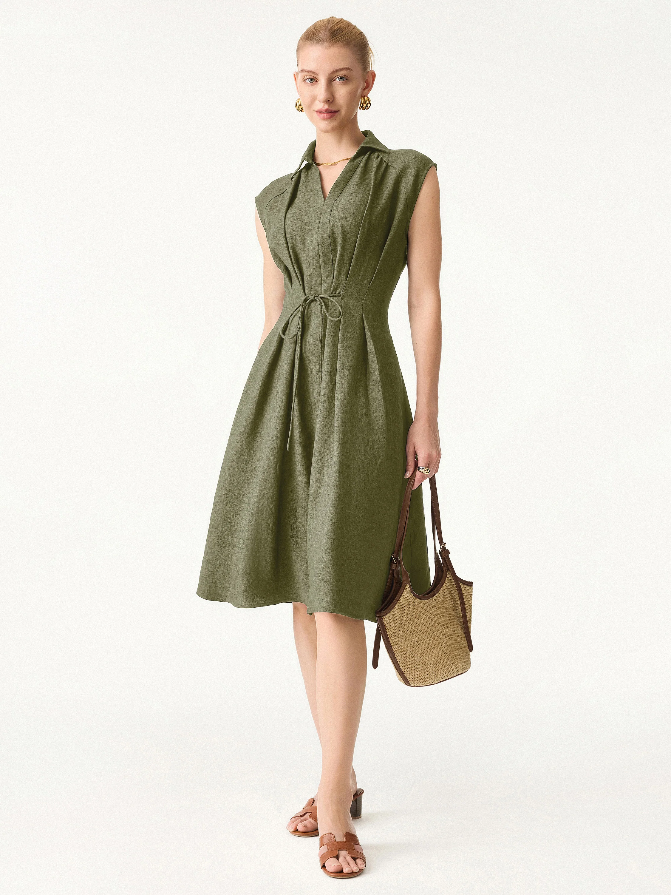 Viscose-Linen Collared V-neck Midi Dress with Drawstring