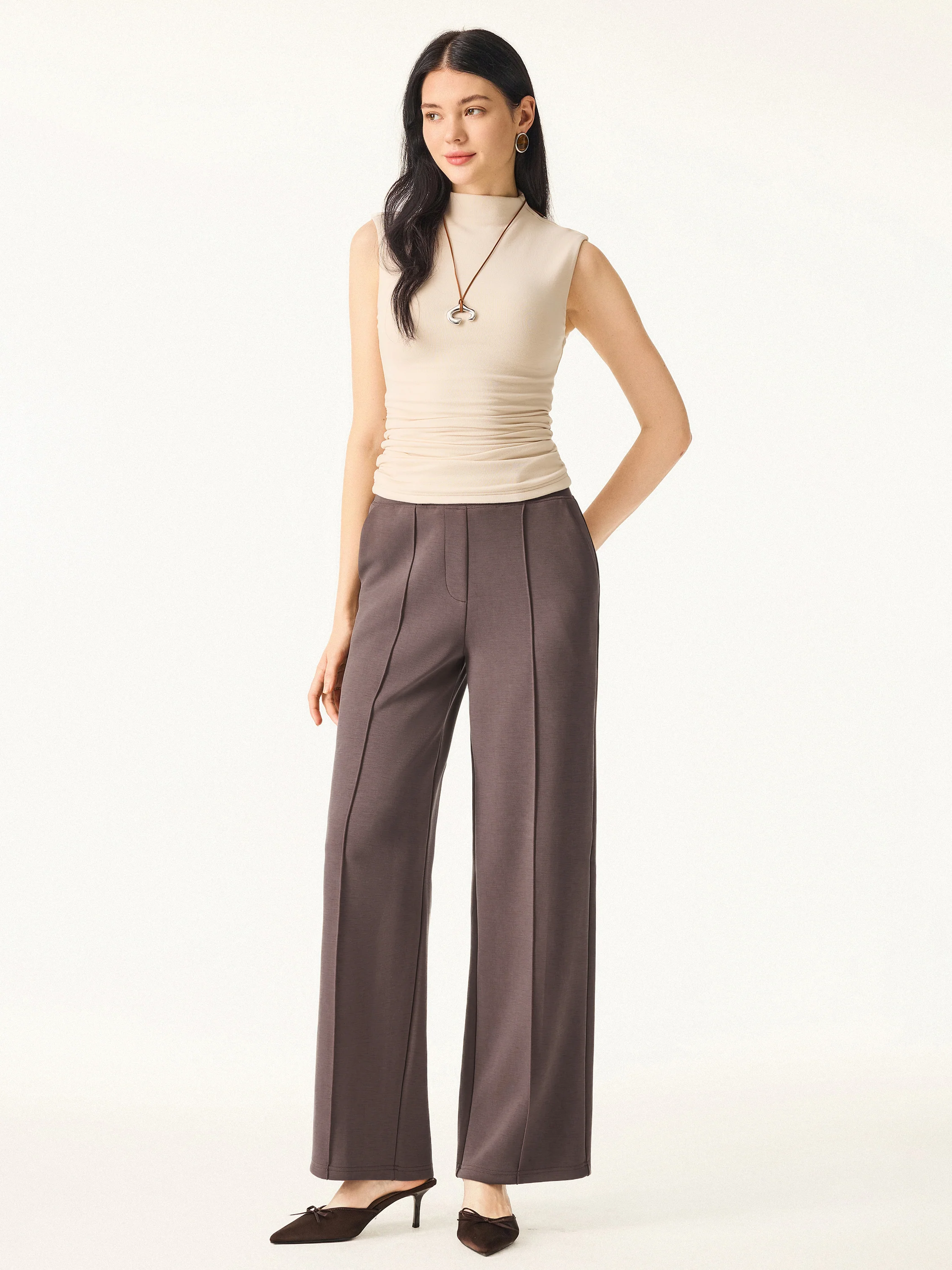 Wrinkle-Resistant Mid Rise Straight Leg Pants with Pockets