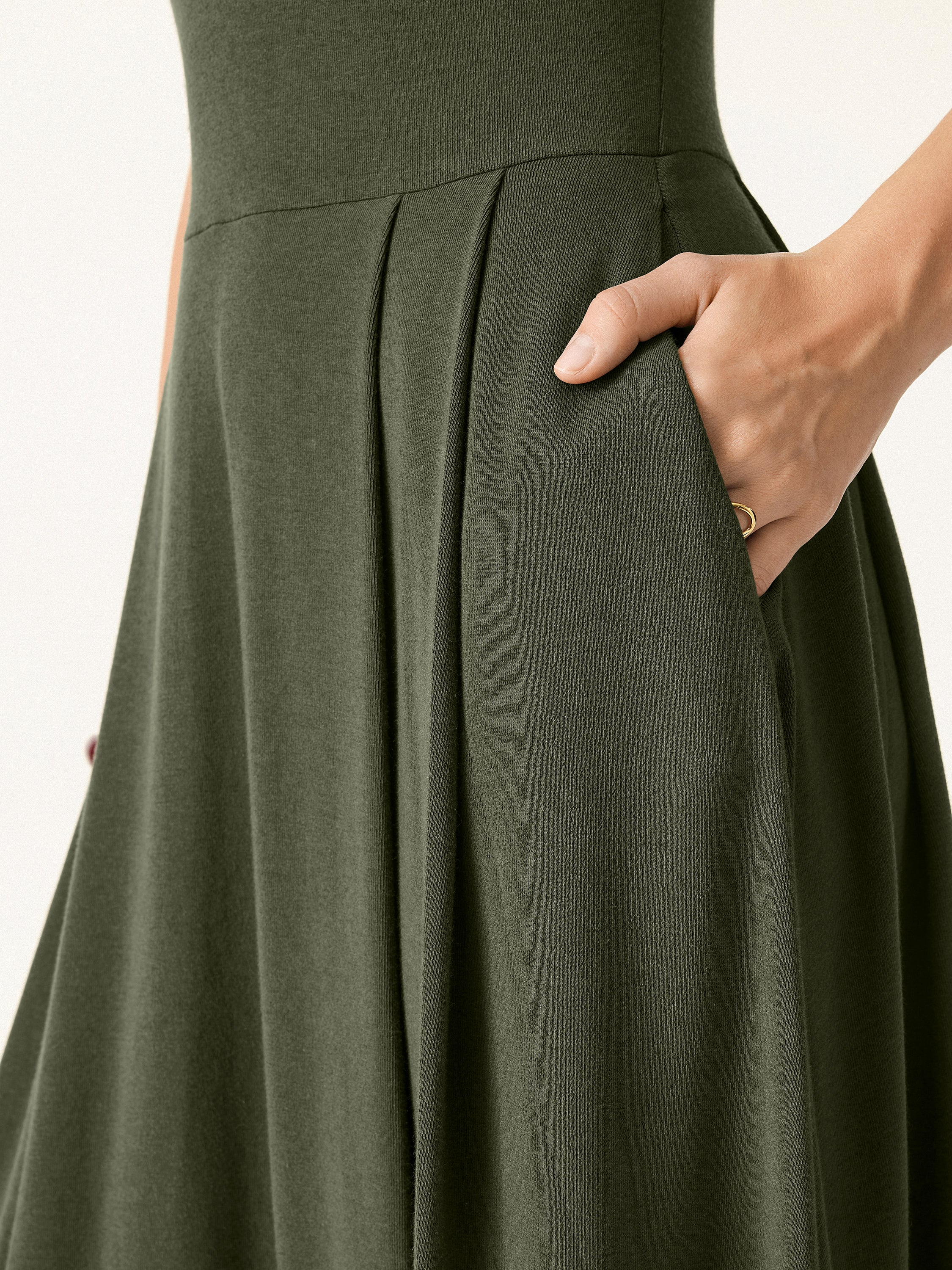 Polo Neck Elbow-Length Sleeve Midi Dress with Pockets