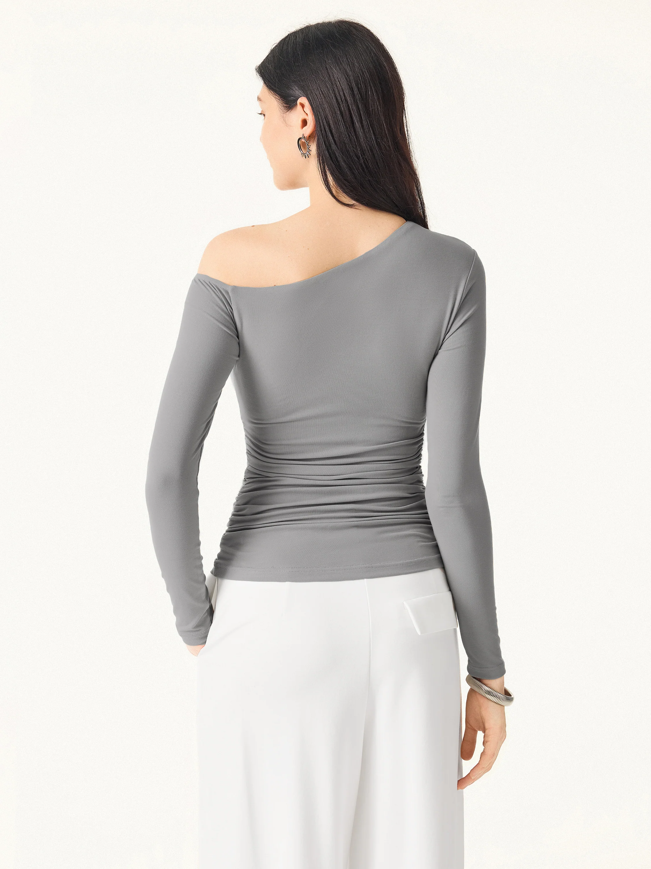 Asymmetrical Shoulders Long Sleeve Gathered Brami Top