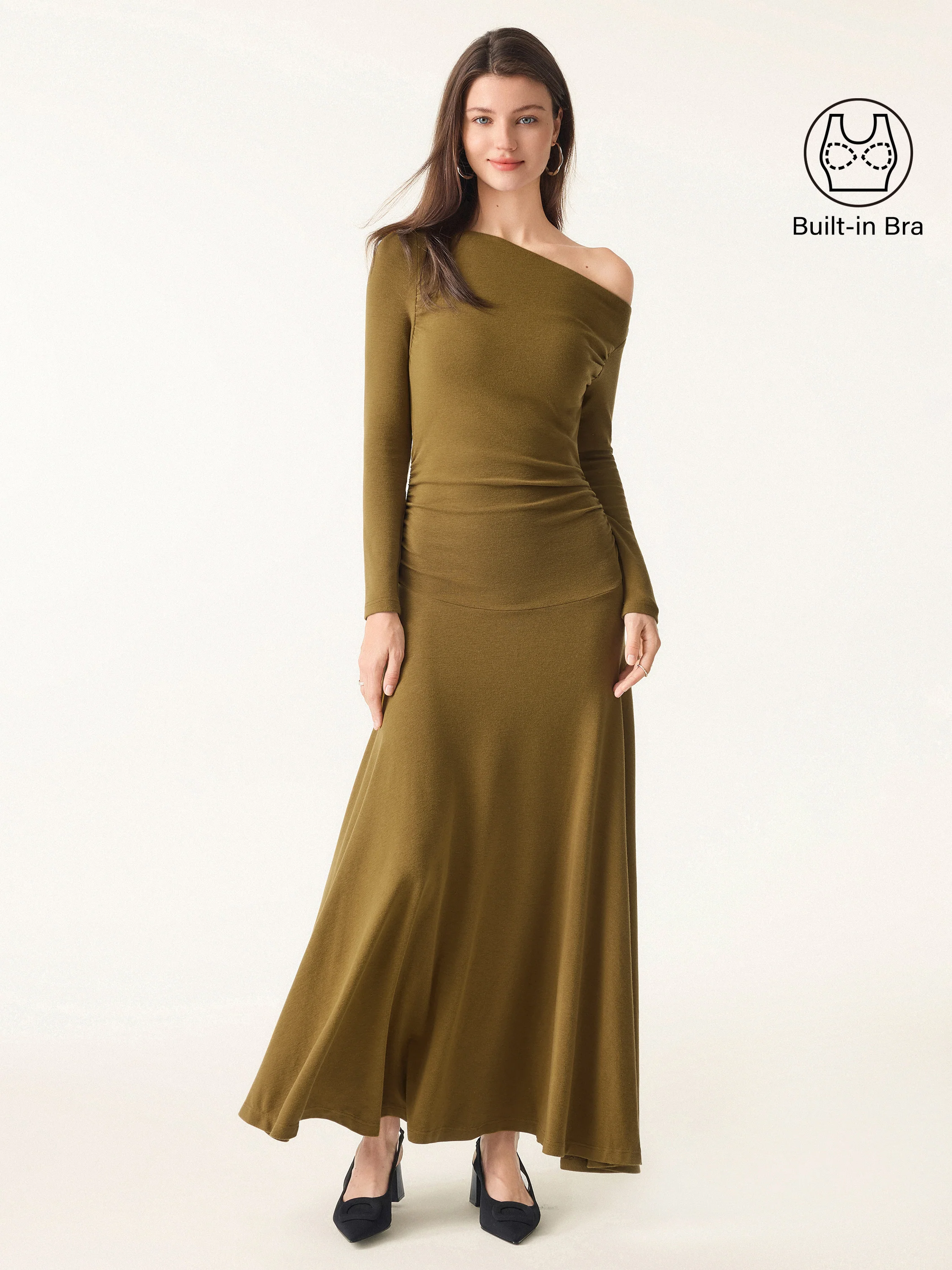 Asymmetrical Shoulder Side Ruched Ankled Maxi Dress