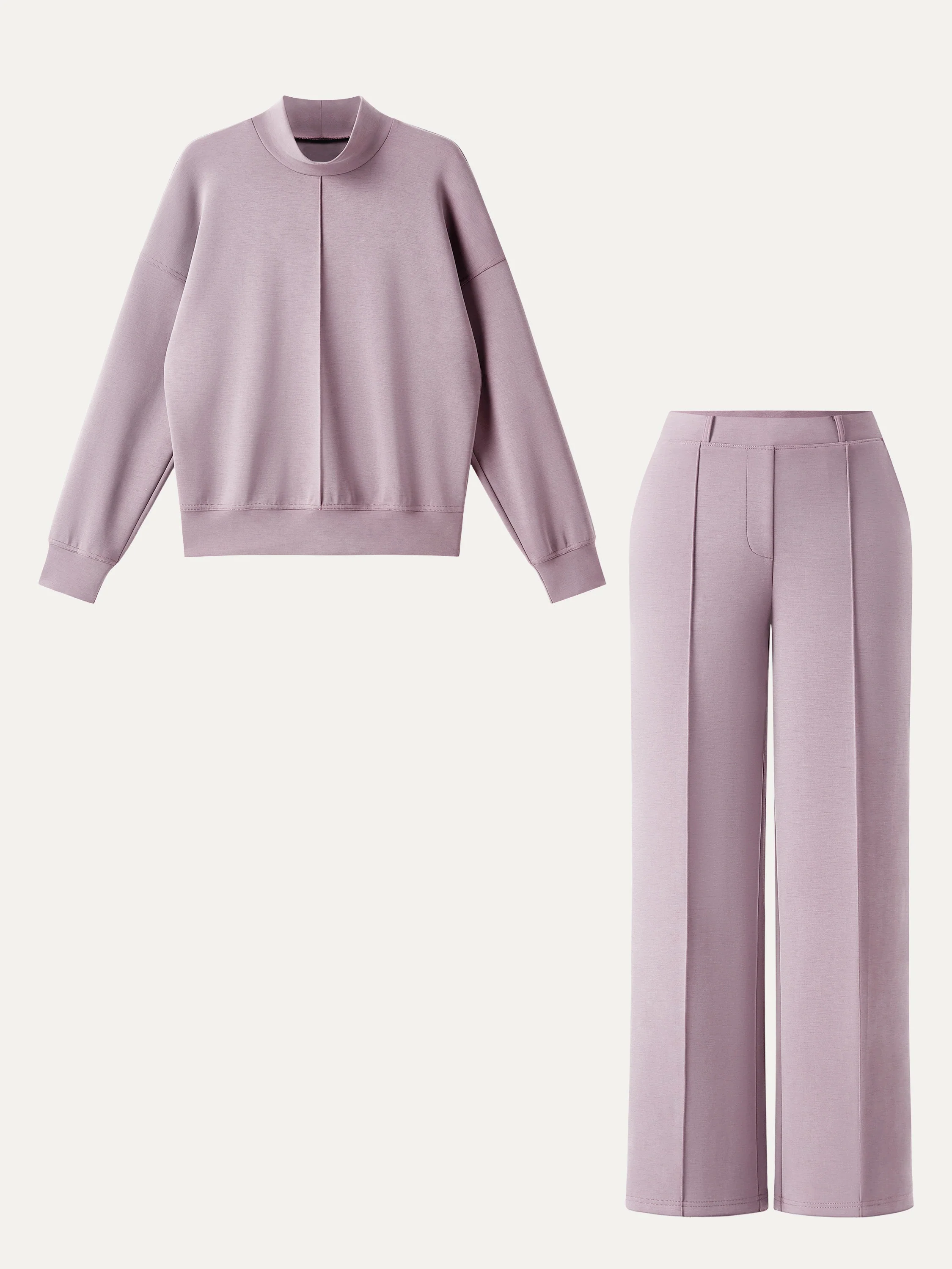 2-Piece Set: Mock Neck Pullover Shirt and Mid-Rise Straight-Leg Pants with Pockets