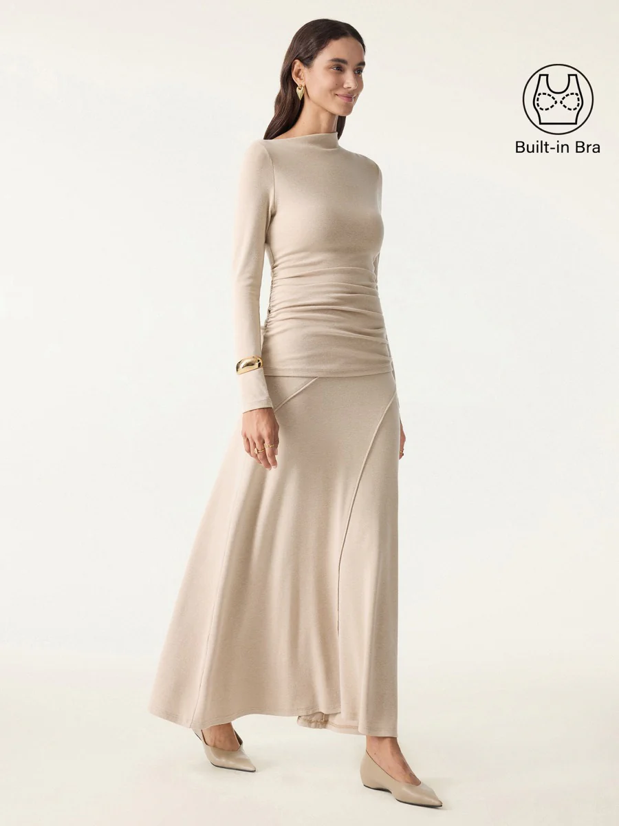 2-Piece Set: Slanted Mockneck Ruched Bra Top & Mid-Rise Pull-On Flared Maxi Skirt