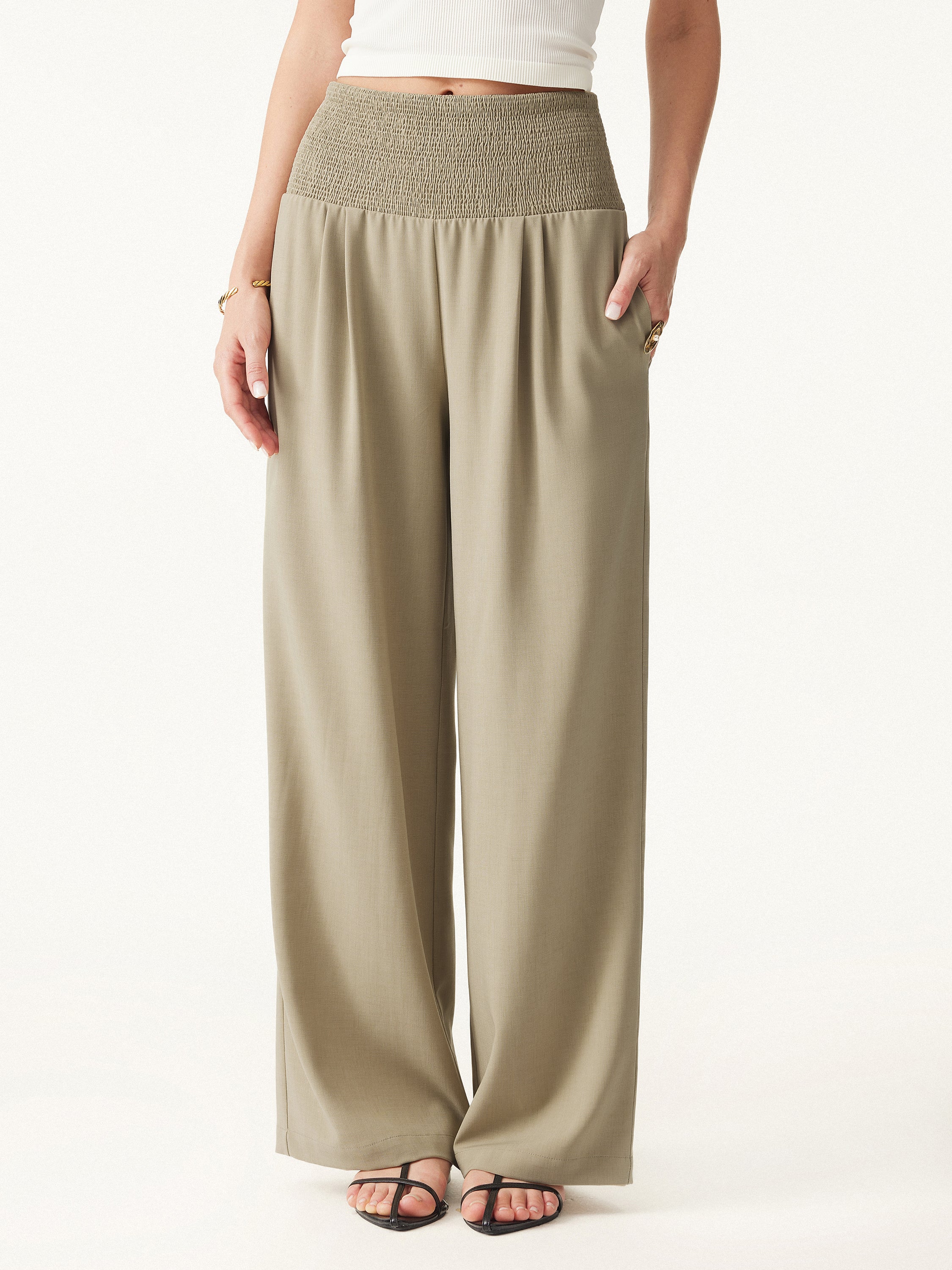 Wrinkle-resistant Tencel Linen Mid-rise Smocked Wide-leg Pant with Pockets
