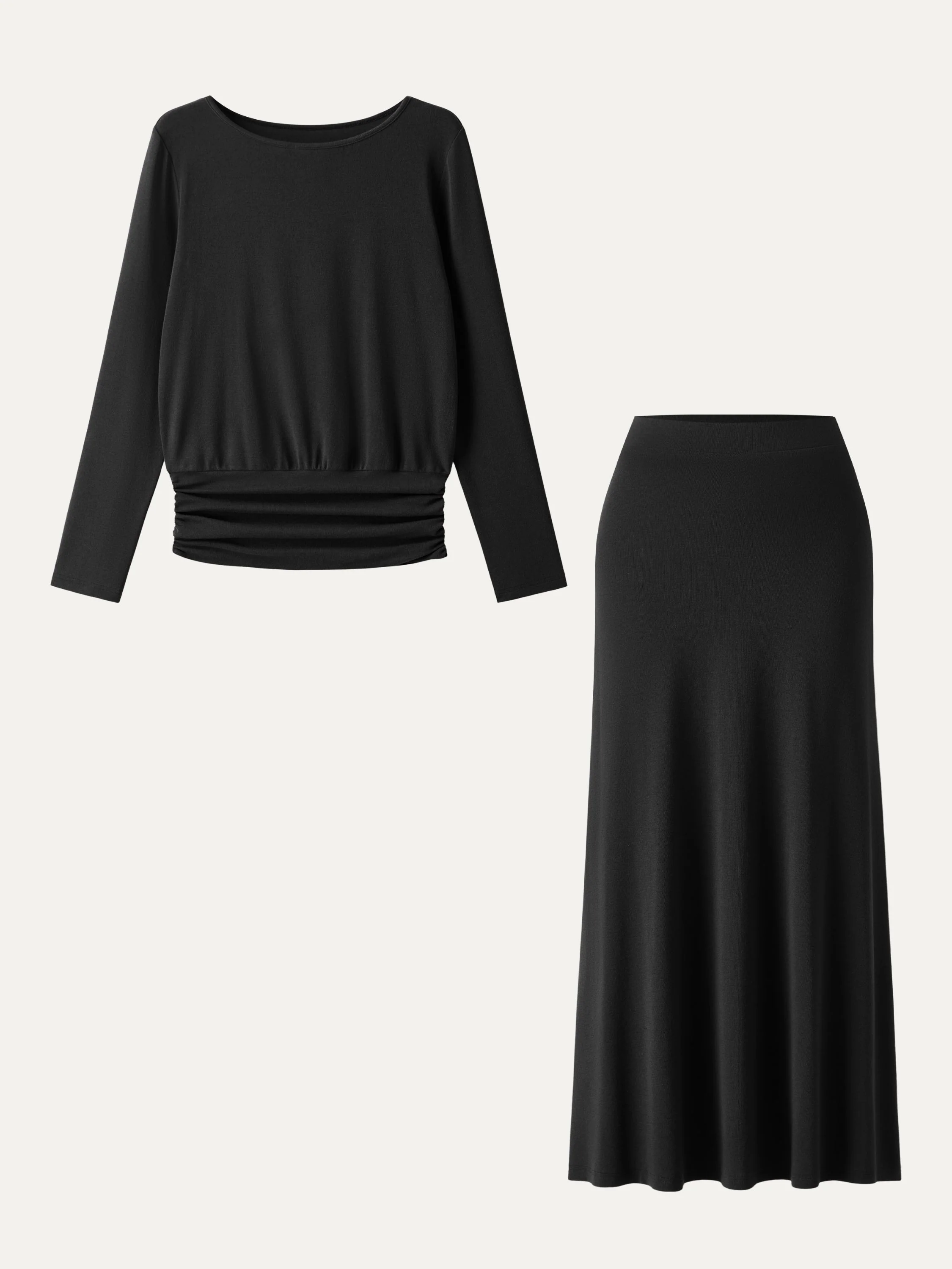 2Pcs Set Light Warm Round Neck Side Ruched Top & Pull-on Circle Flared Maxi Skirt