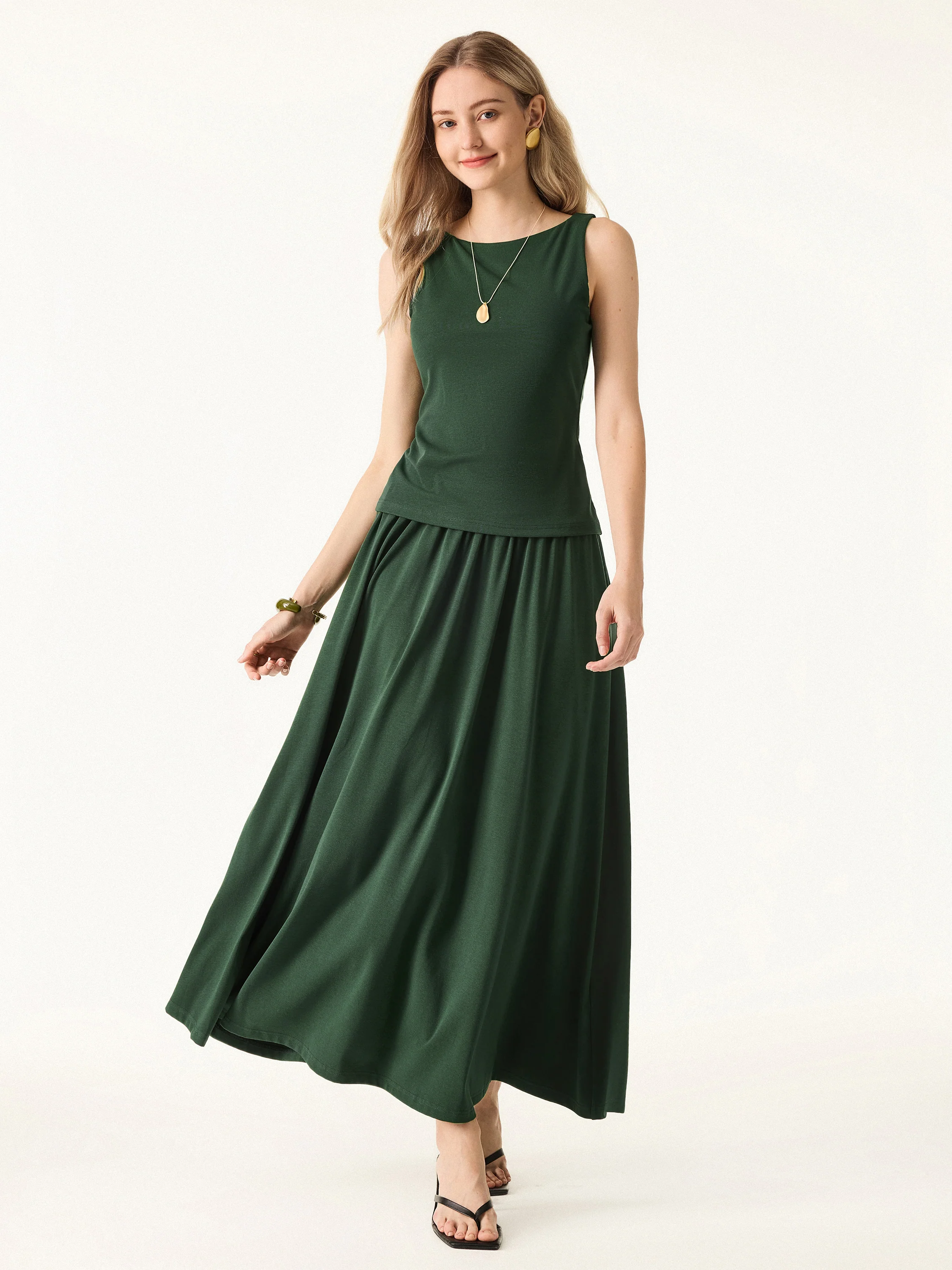 Stretch Cotton Maxi Umbrella Skirt with Pockets