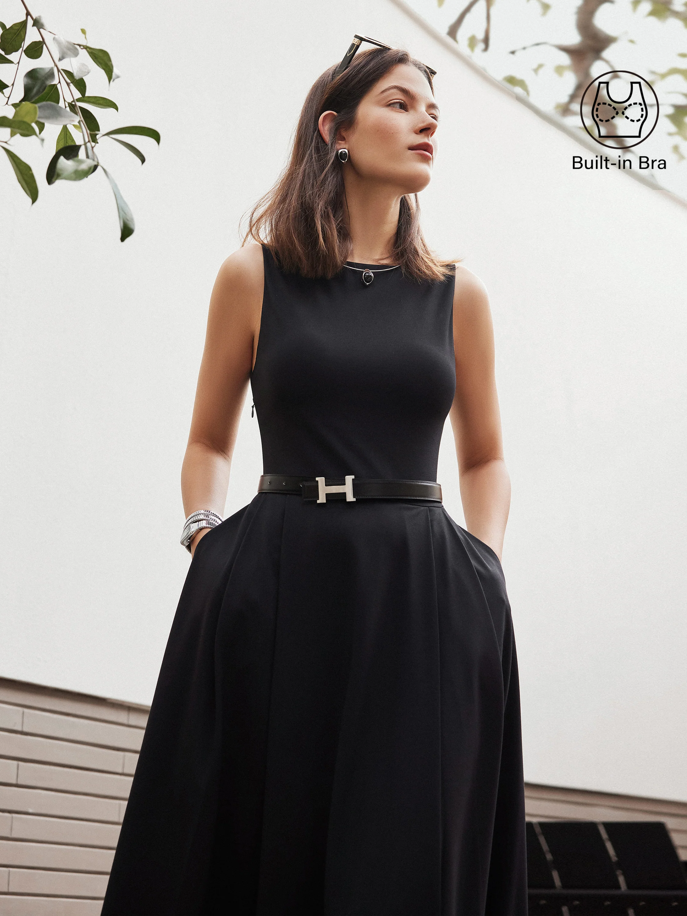 Boatneck Bamboo Ponte Brami Midi Dress with Pockets