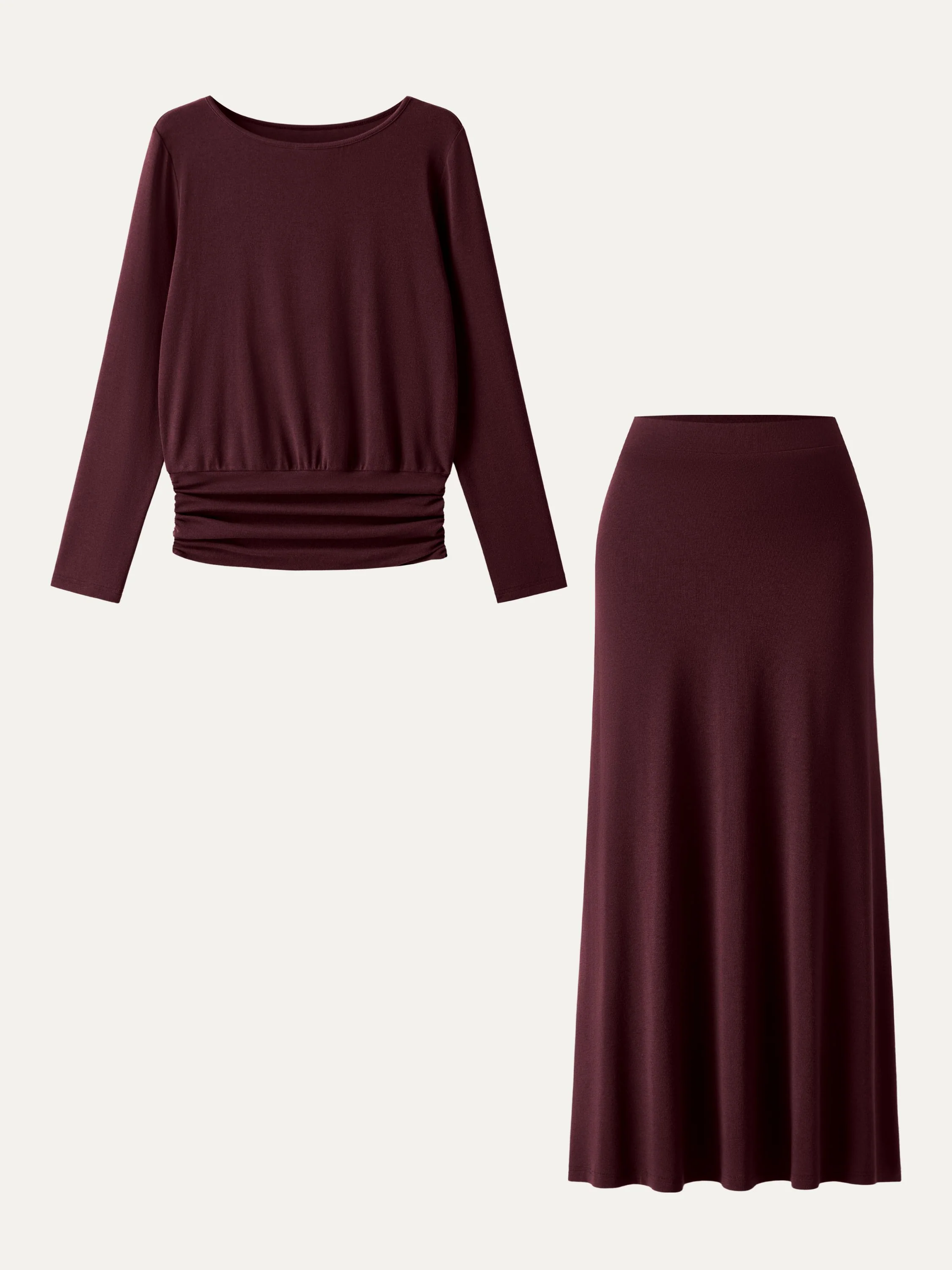 2Pcs Set Light Warm Round Neck Side Ruched Top & Pull-on Circle Flared Maxi Skirt