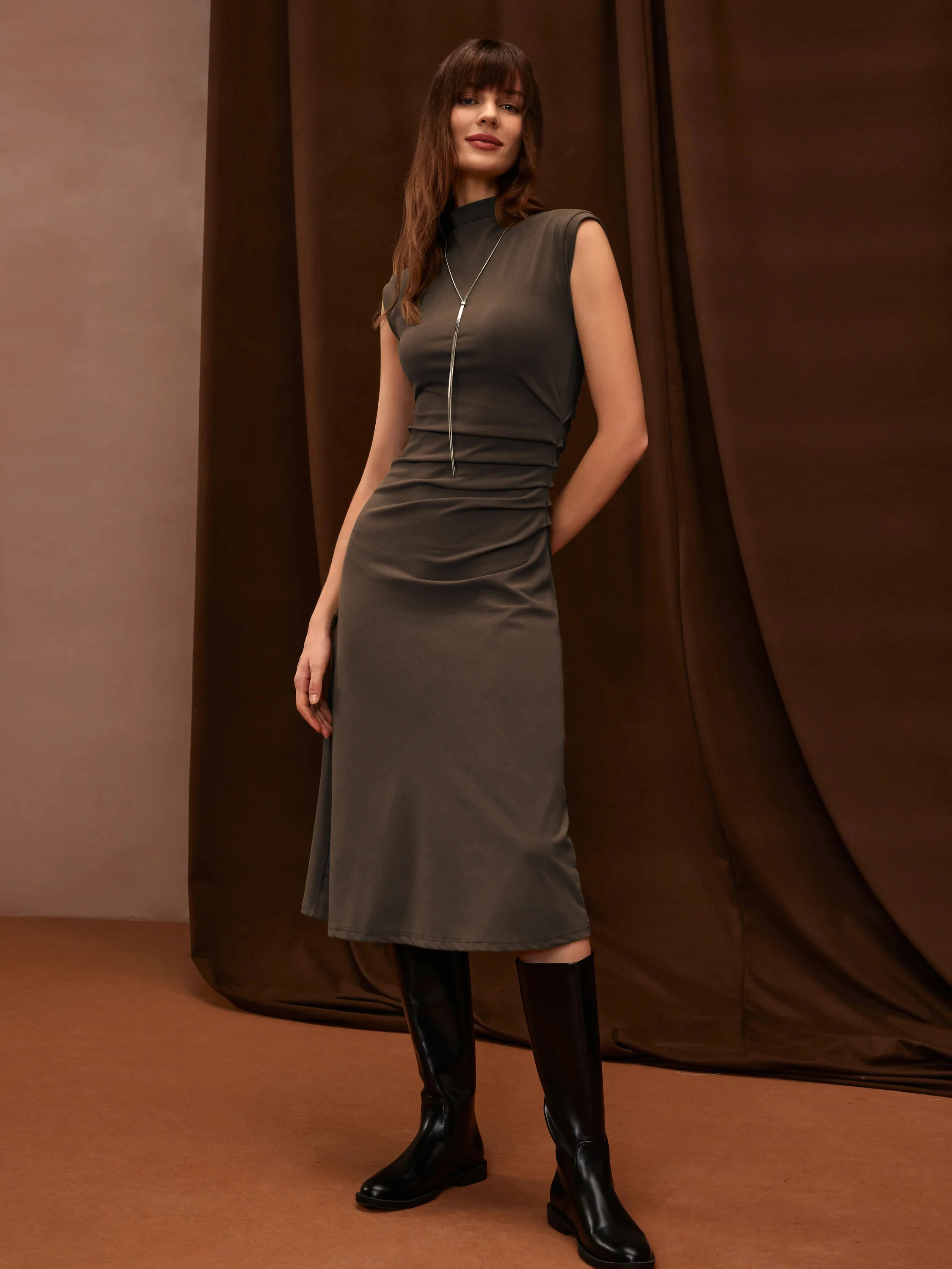 Mock Neck Tucked Midi Dress