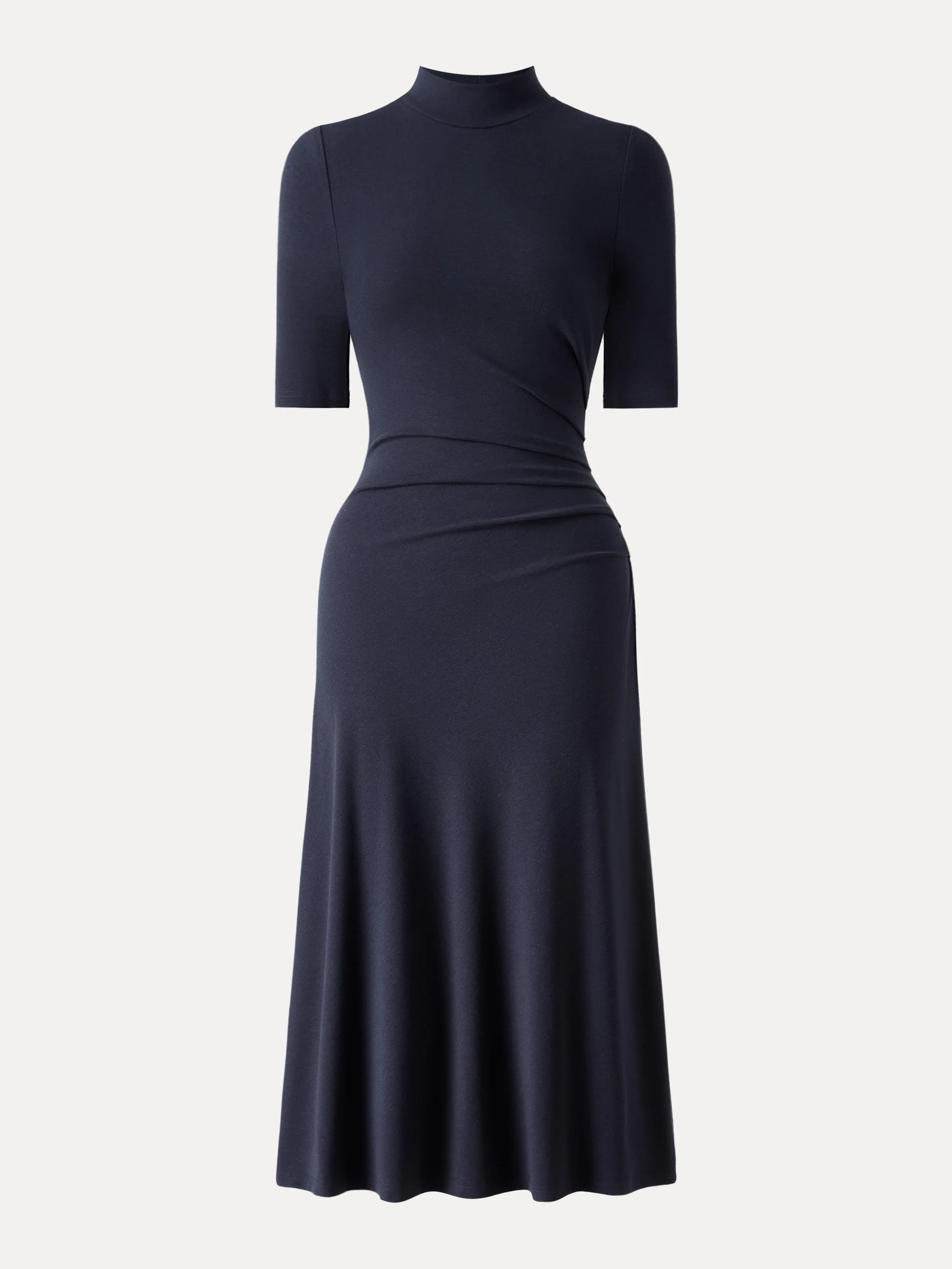 Mock Neck Elbow-Length Sleeve Tucked Mid-Length Dress
