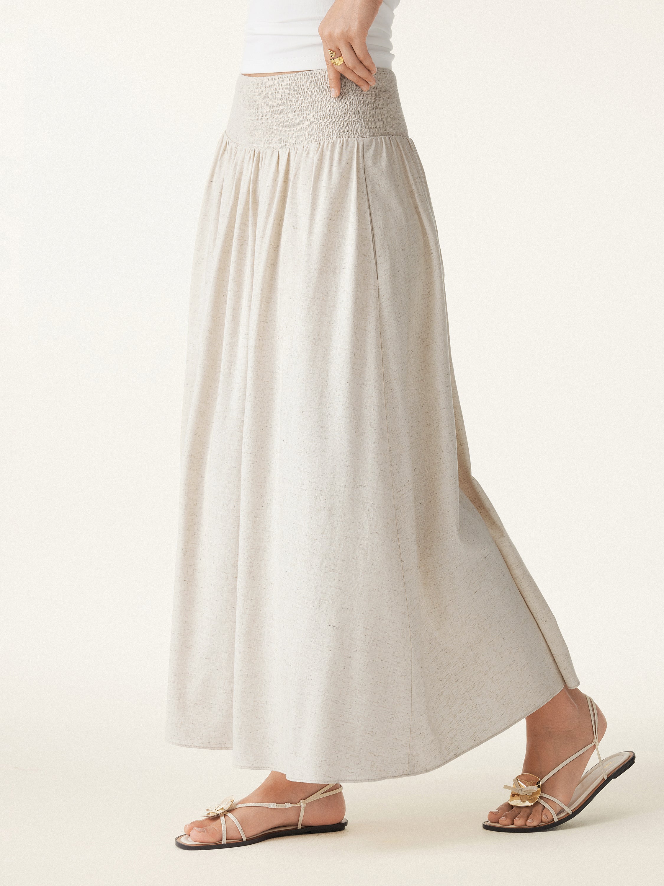 Linen Smocked Waist Skirt with Pockets