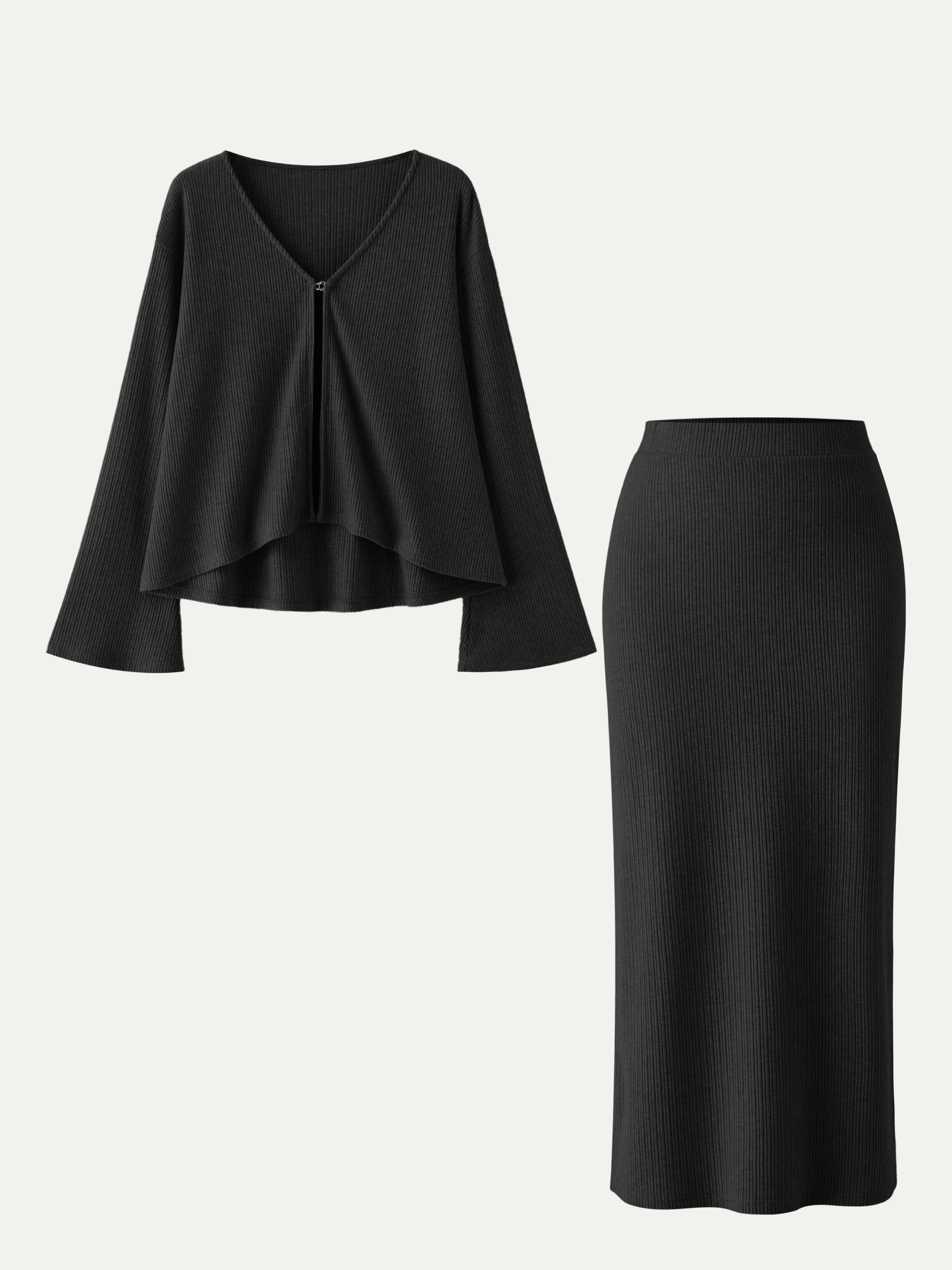 2-Piece Set V-Neck Flare Cardigan and High-Waisted Midi Skirt