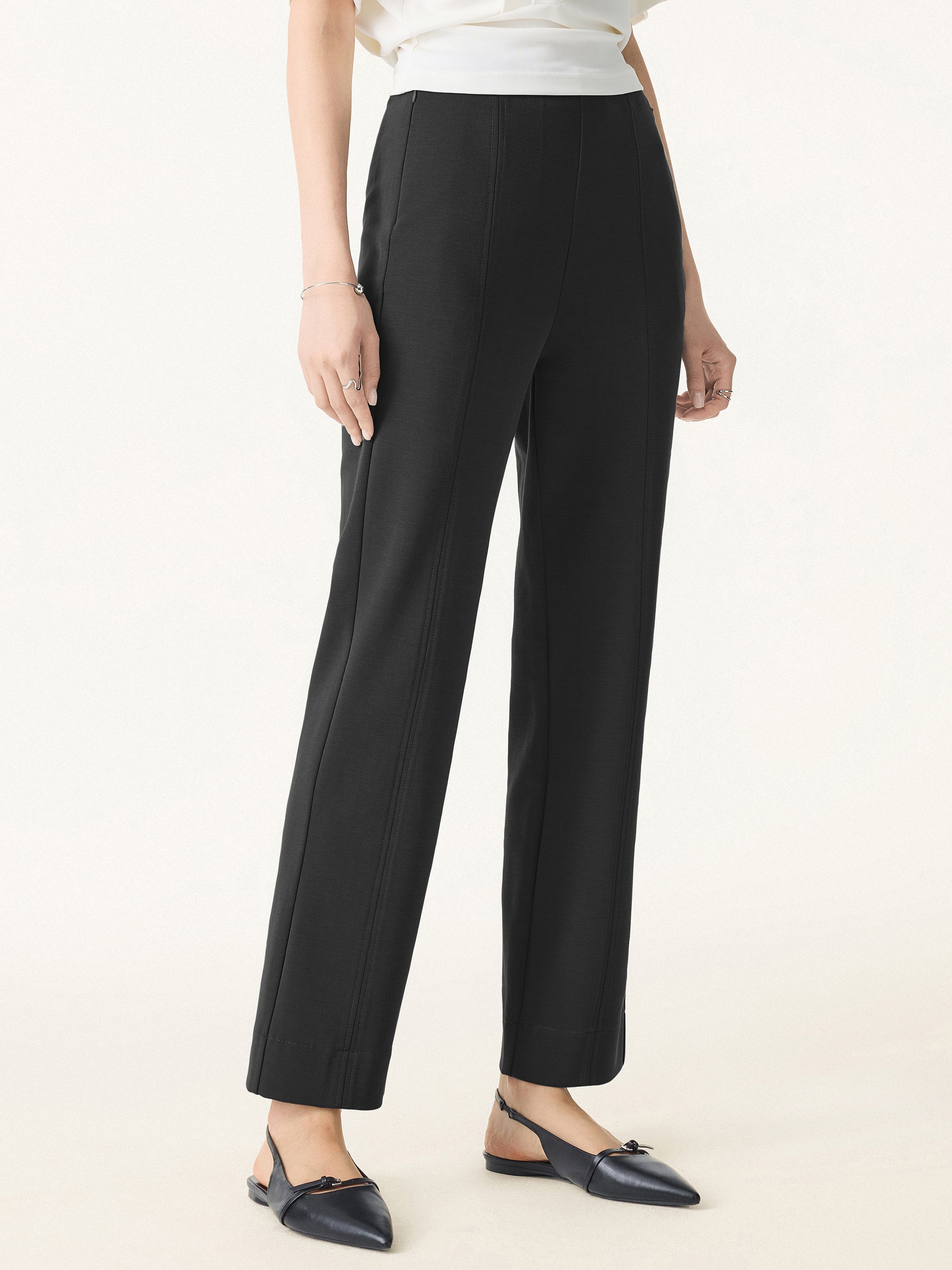 Sandwashed Mid-Rise Slim Straight Pull-On Trousers with Pockets