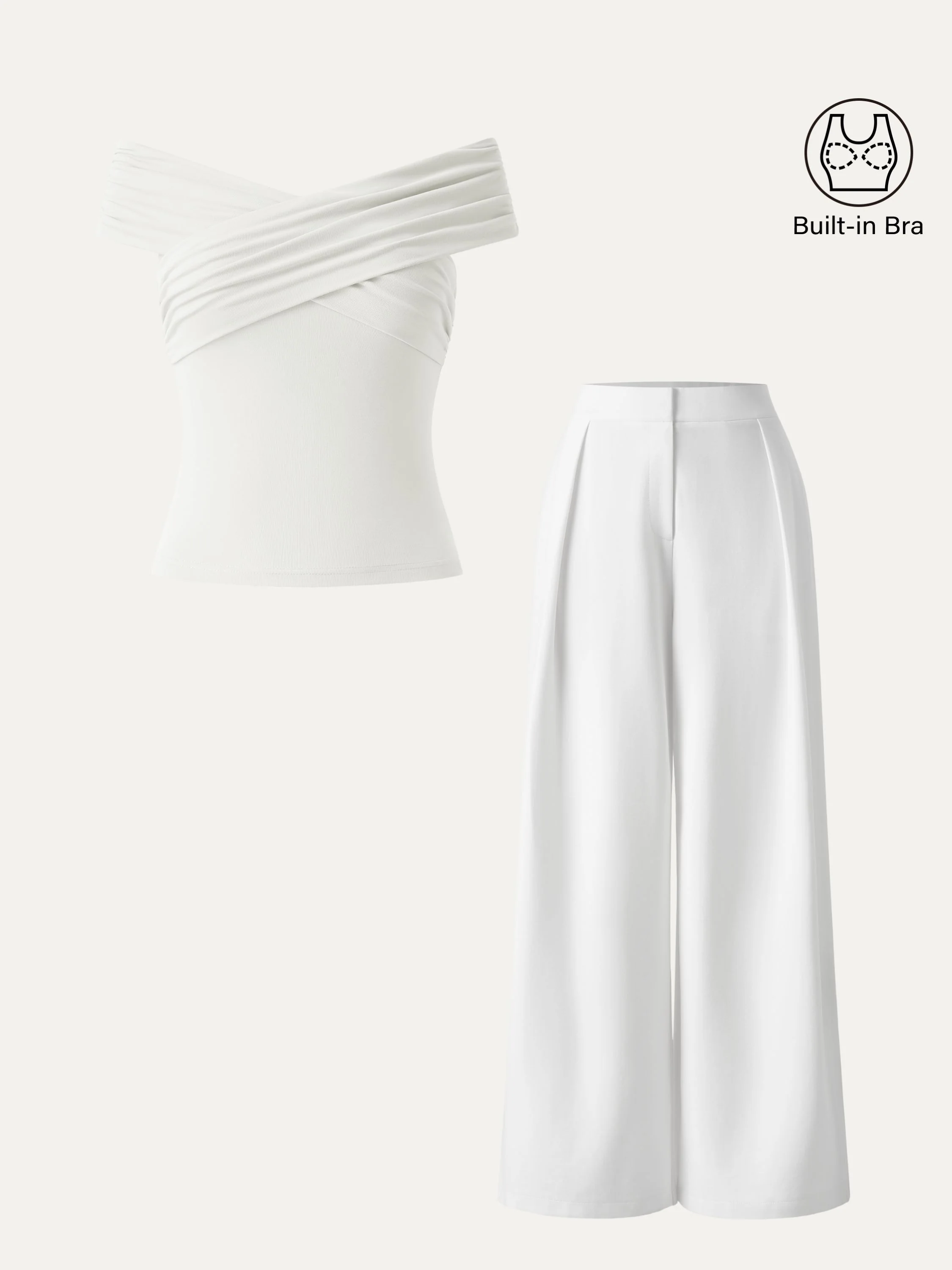 2Pcs Set Criss Cross Off Shoulder Brami & Mid Rise Pleated Trouser with Pockets